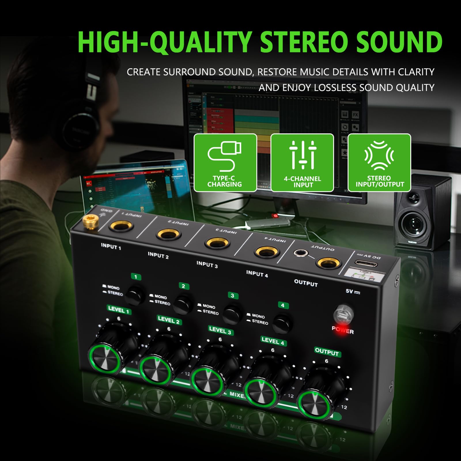 Mezclador auditivo portátil de 4 canales, diseño de metal, sonido profesional, compatibilidad con múltiples dispositivos, mezclador auditivo USB