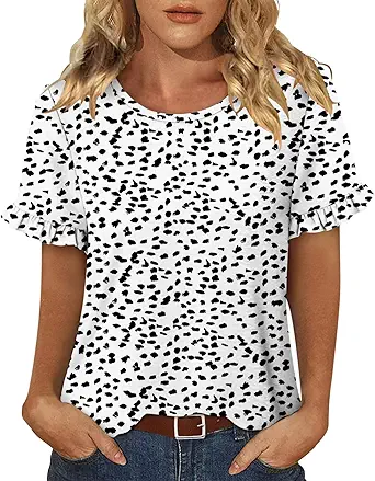 CRAZY GRID Women's Shirts Summer Casual Crewneck Ruffle Short Sleeve Blouses Cute Floral Print Tunic Tops