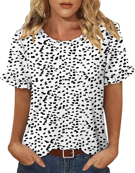 CRAZY GRID Women's Shirts Summer Casual Crewneck Ruffle Short Sleeve Blouses Cute Floral Print Tunic Tops