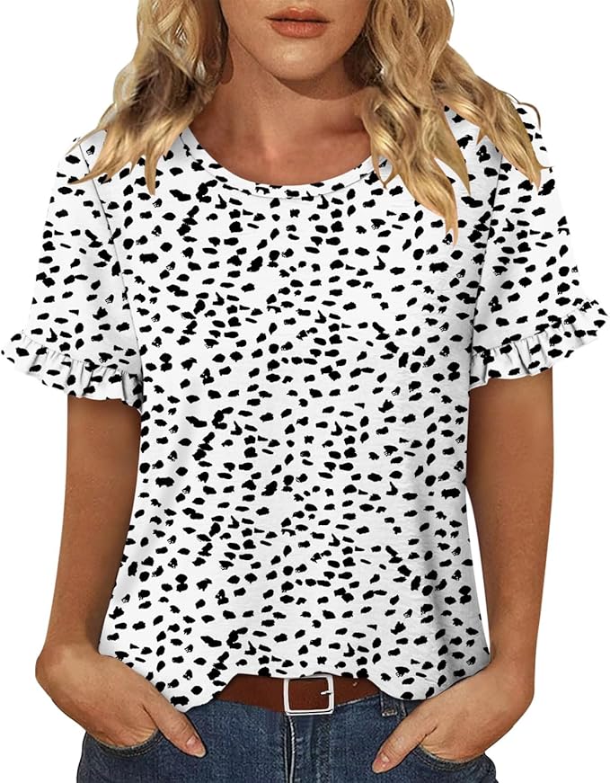 CRAZY GRID Women's Shirts Summer Casual Crewneck Ruffle Short Sleeve Blouses Cute Floral Print Tunic Tops