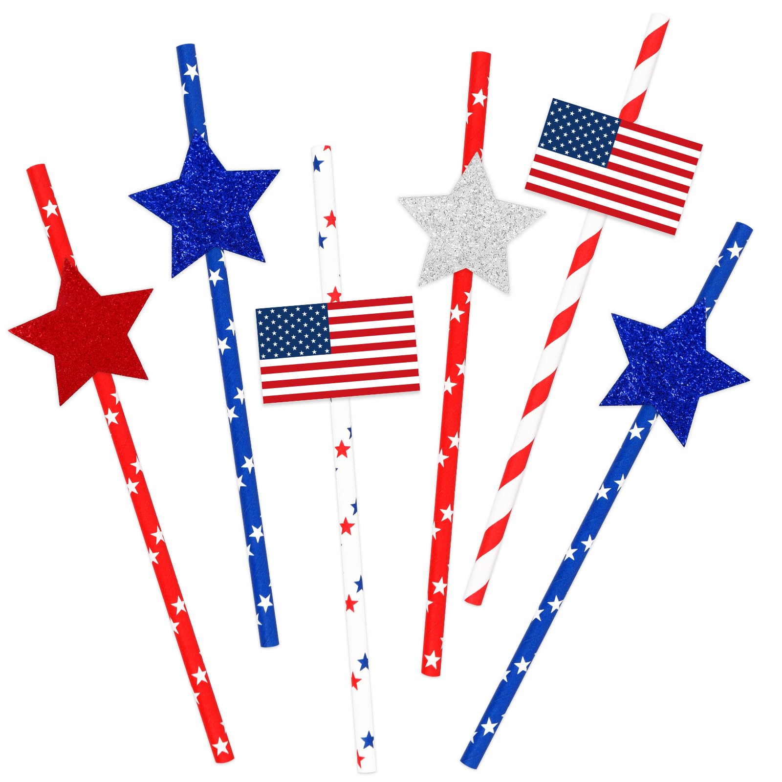 Pailles en papier du 4 juillet Whaline (60 pcs) à motif drapeau américain pour cocktail