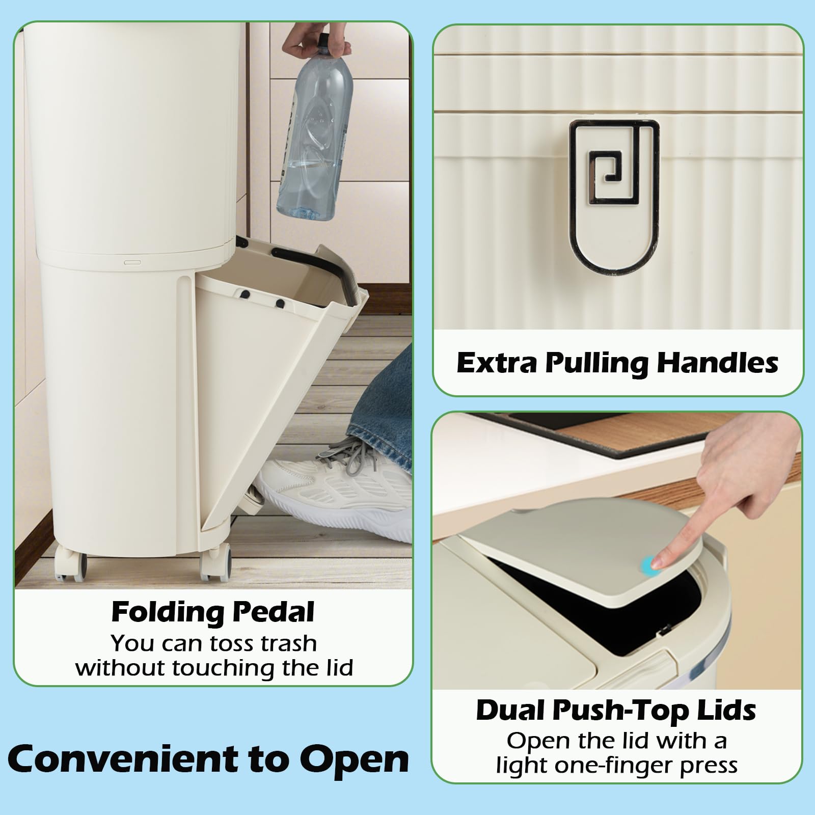 LIFEZEAL Cubo de Basura Reciclado de 38 L, de Plástico Beige, Diseño Vertical de 2 Capas con Pedal Oculto, Tapa a Presión, Ruedas con Frenos y Compartimentos para Clasificación de Residuos (Beige)