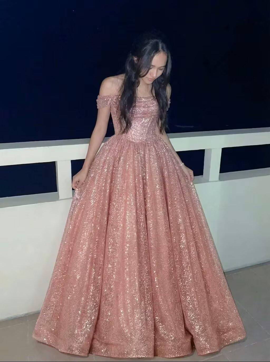 Sparkly Off Shoulder Tulle Prom Dresses for Women 2026 Cowl Neck Long Ball Gown Formal Dress