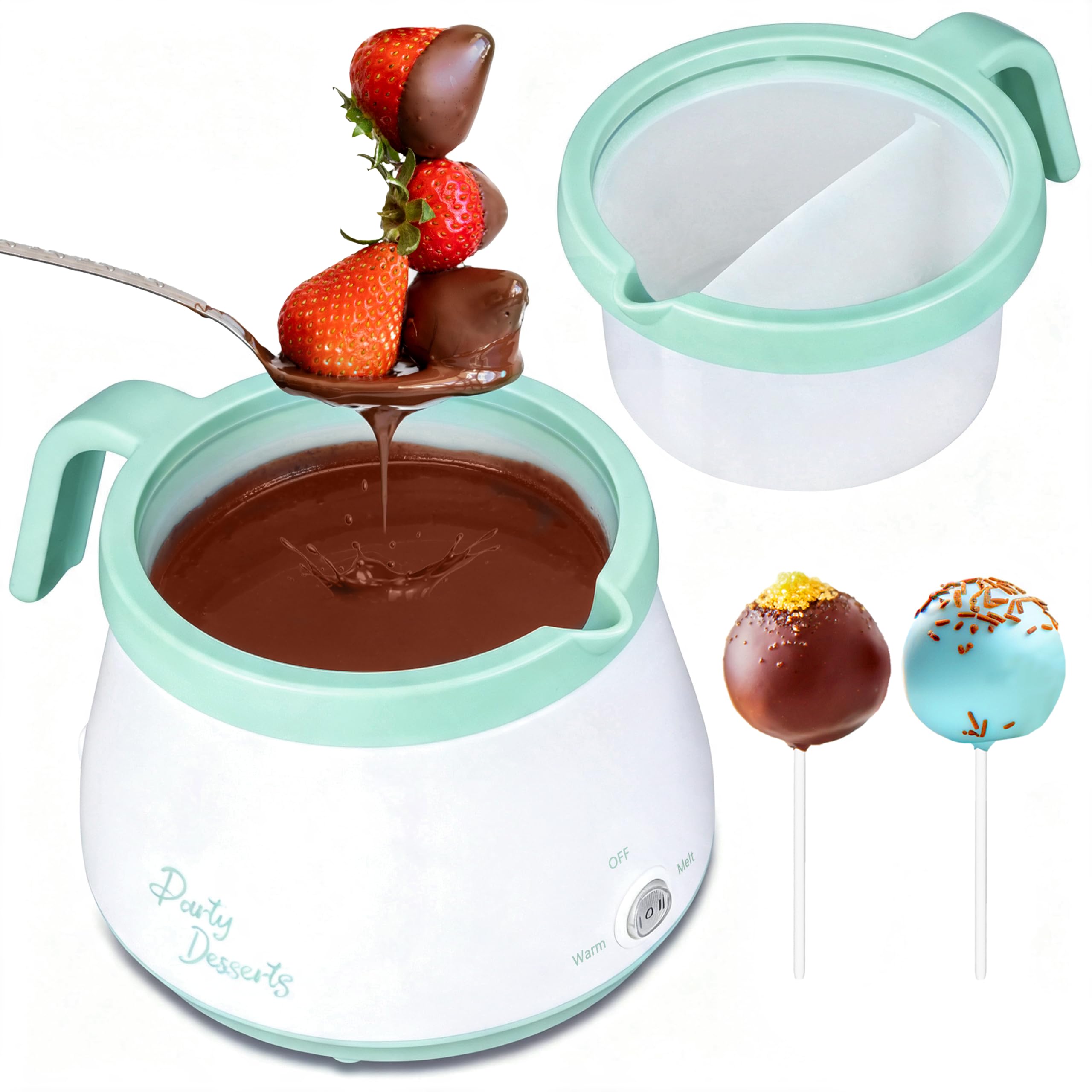 Party Desserts Melting Pot Elettrico Cioccolato con 2 Pentole Slicone 2,5 Tazze (Acquamarina)
