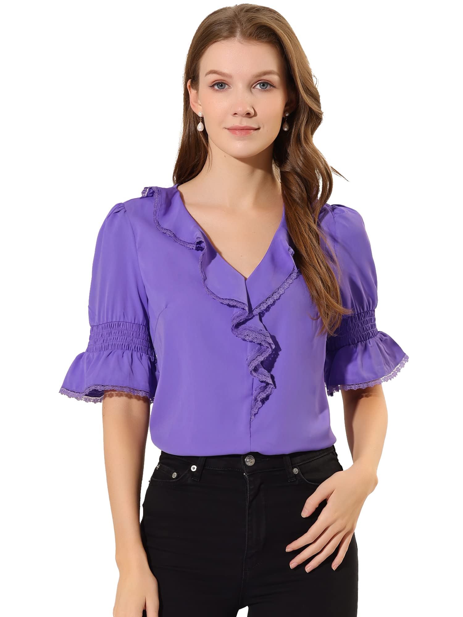 Allegra K Women's Elegant Victorian Blouse Puff Sleeve Ruffle V Neck Vintage Casual Chiffon Tops