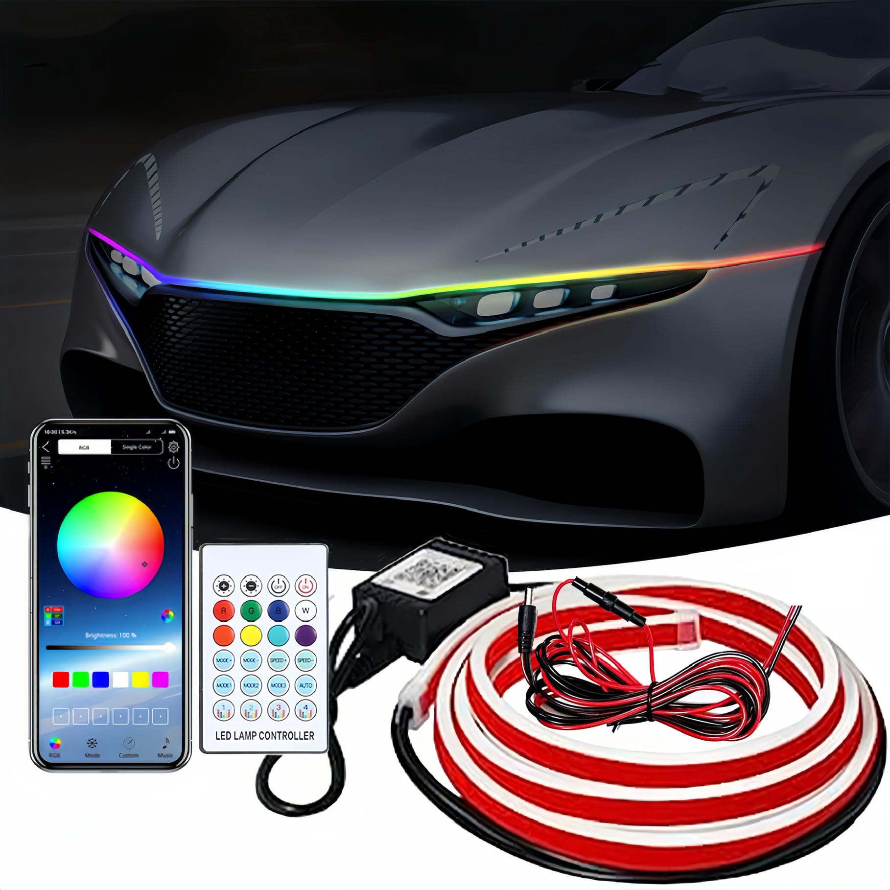 Car led Hood Lights,Multicolor 120modes (70 Inch) 12V, Engine Hood Cover Daytime Running Light Strip,Multi Color neon Light kit for car Hood