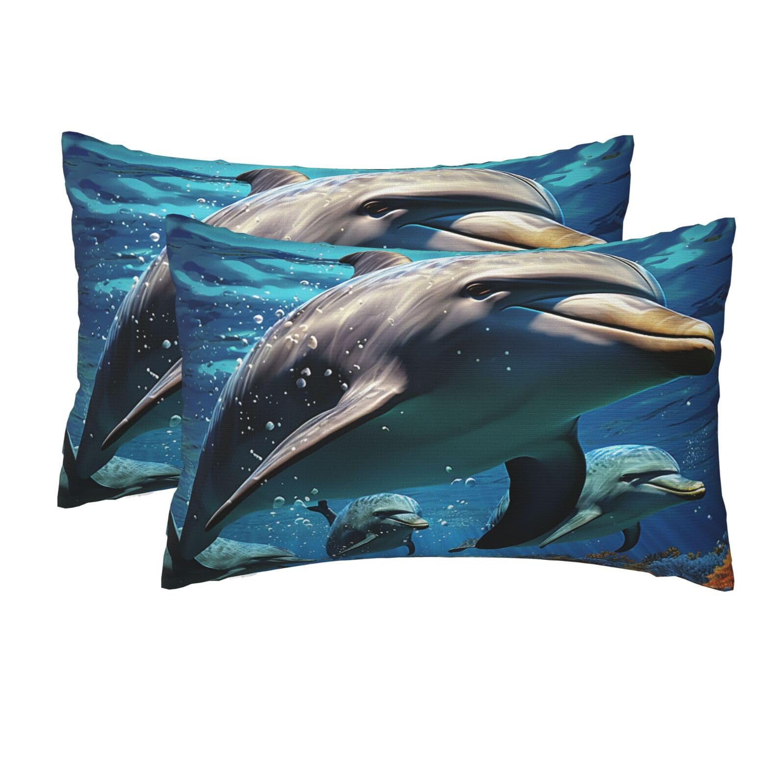 2 Pack Queen Pillow Cases with Hidden Zipper, Soft Breathable Pillow Covers for Hair and Skin, Dolphins Pillowcases 20"x30" Bed Pillow Protectors Cover for Sleeping Gifts