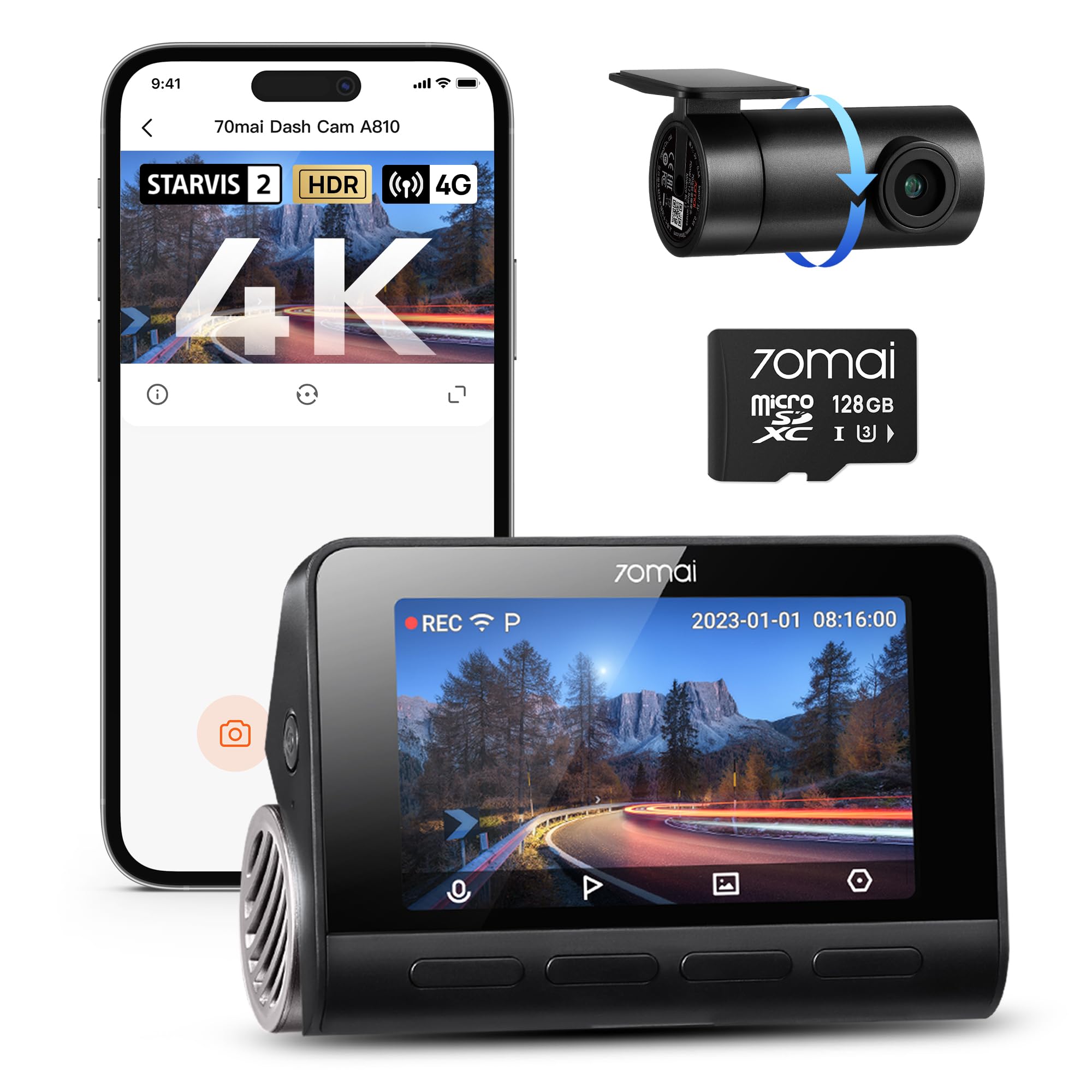 70mai4K Dash Cam Front and Rear A810, 4K+1080P HDR Dash Cam with Night Vision, WiFi APP Control, 170°Wide Angle, 24/7 Parking Mode, G-Sensor, Loop Recording for Cars, Vans, Included 128GB Card