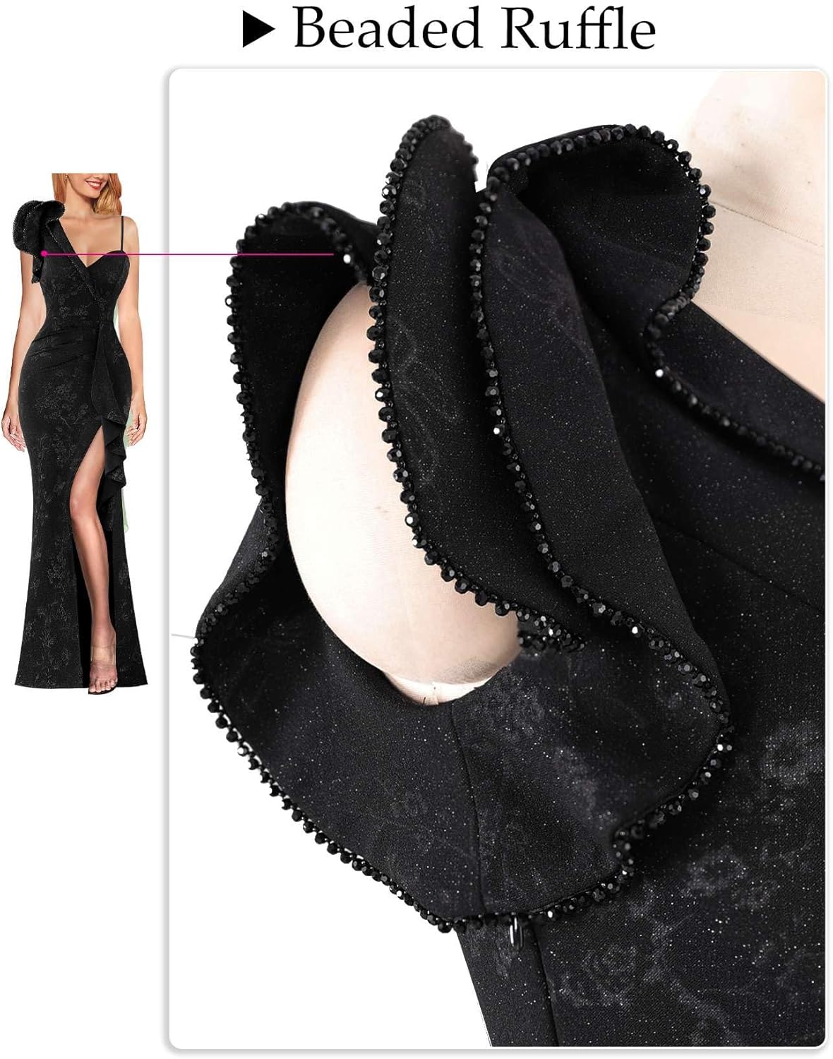 VFSHOW Womens Formal Prom Elegant Ruffle One Shoulder Beaded Strap Ruched Slit Maxi Dress Wedding Evening Long Gown