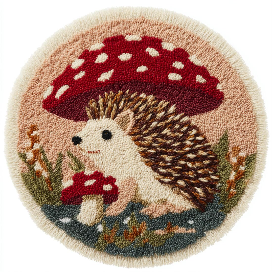 Rqwybcaxn DIY Rug Latch Hook Kits for Teens Animal Needlework Kit Hedgehog and Mushroom 80x80cm Round Tapestry with Crochet Hook Study Craft Gift