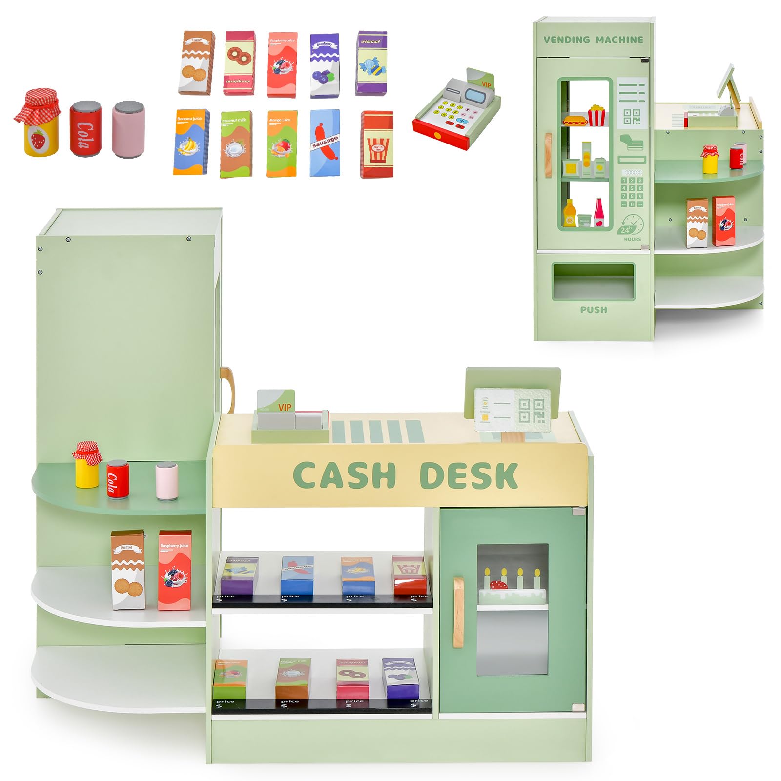 Maxmass Kids Pretend Grocery Store, Wooden Children Supermarket Playset with Rich Accessories, Vending Machine, Scanning Area - Image 9