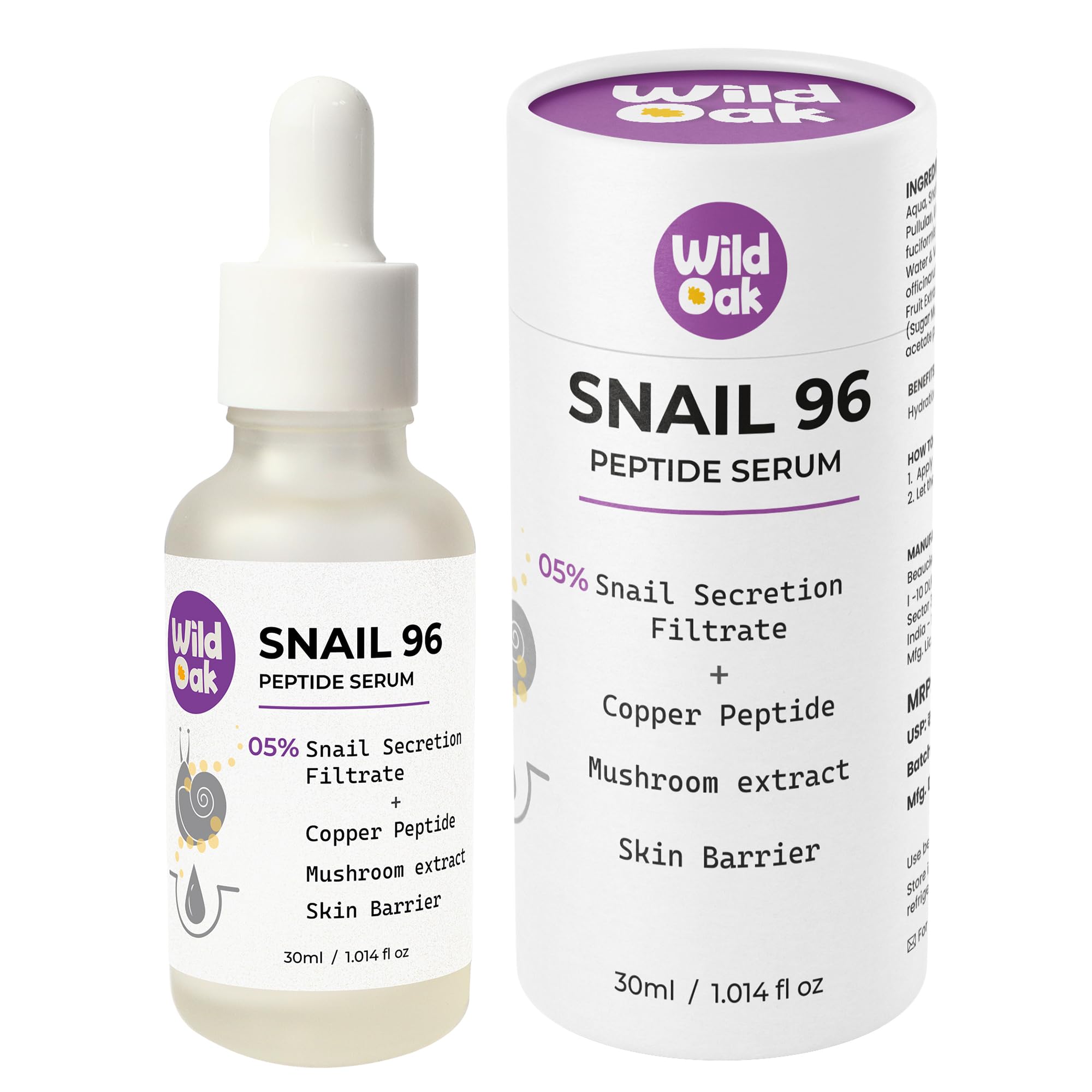 WildOak Advanced Korean Snail Mucin 96 Peptide Face Serum | Powerful Skin Barrier, Anti-Aging & Wrinkles | 72 Hours Skin Hydration | Korean Skincare | Tremella Mushroom for Dewy Soft & Plump Skin | 30ml