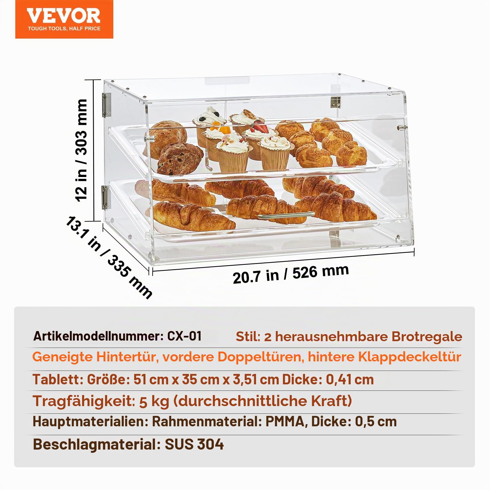 VEVOR 2-stöckige Gebäck-Vitrine, Kommerzielle Tabletts 510 x 350 x 35 mm, Bäckerei-Vitrine, Acryl-Vitrine mit Zugang zur Hintertür und abnehmbaren Regalen, für Donut-Bagels, Kuchen, Kekse usw.