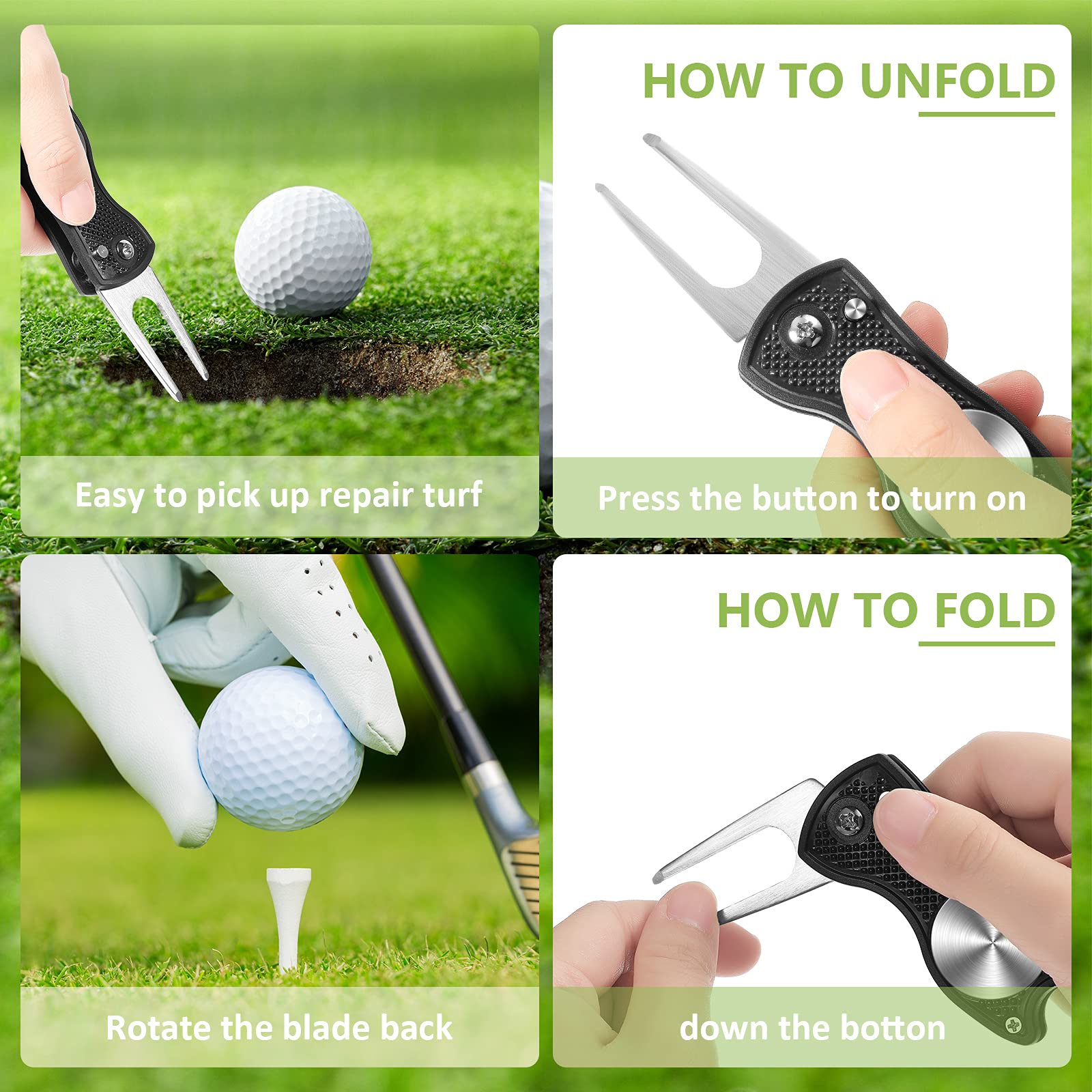 Strumento di Riparazione Divot Golf in Acciaio Inossidabile Forcone Pieghevole con Pennarello, Nero