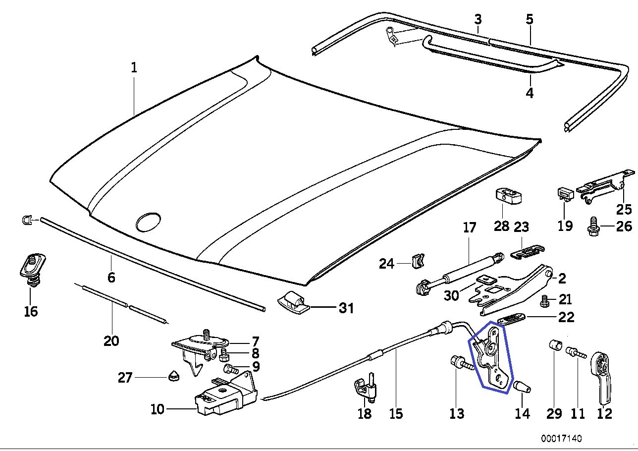 BMW E36 Convertible Bonnet Lock Release Handle Bracket 51231977451