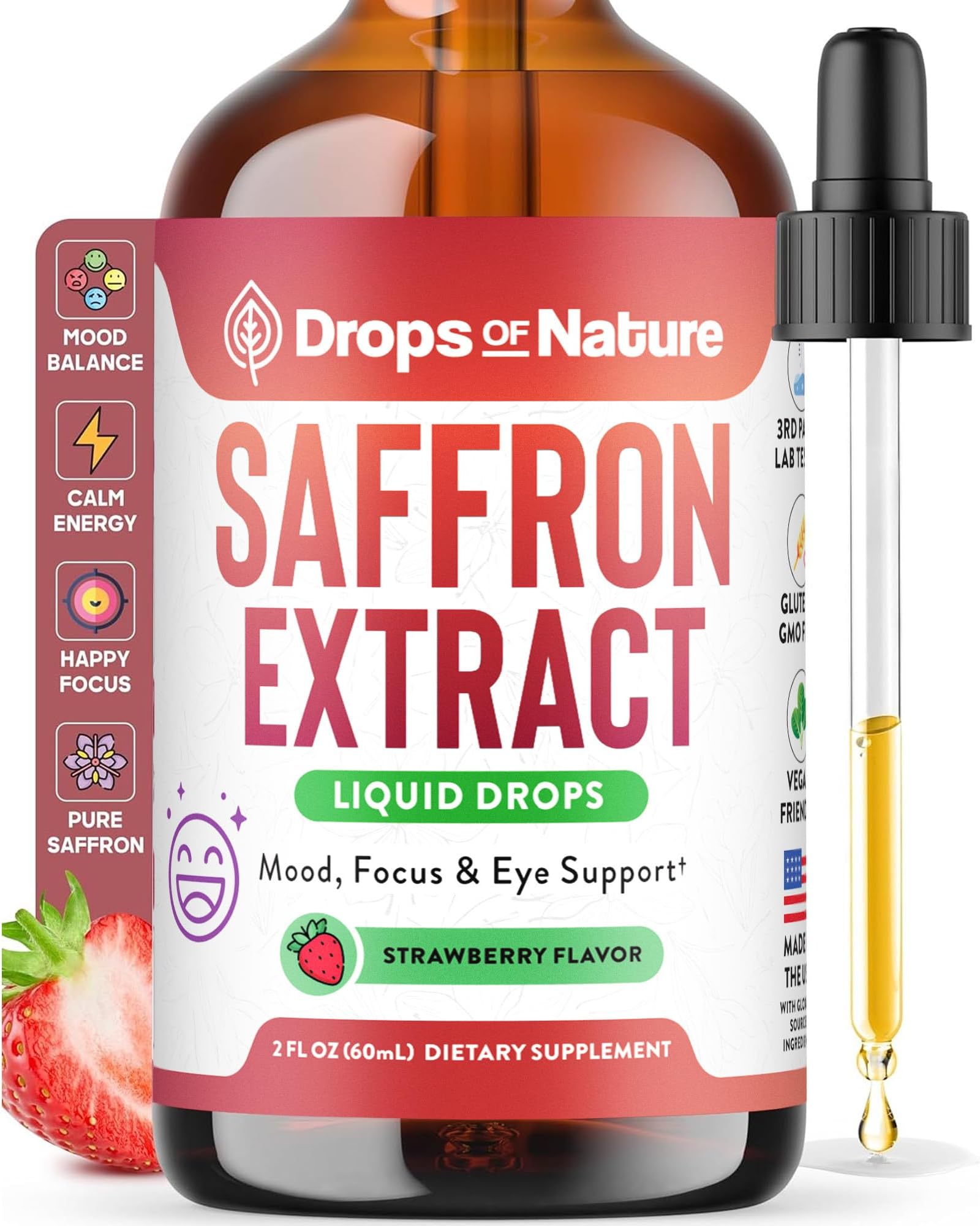 Saffron Supplements for Kids & Adults โ Made with Pure Saffron Extract โ Vegan, Fast Absorbing โ Mix with Drinks โ Supports Eye Health, Emotional Balance and Antioxidant Level Boost (Strawberry, 60mL)