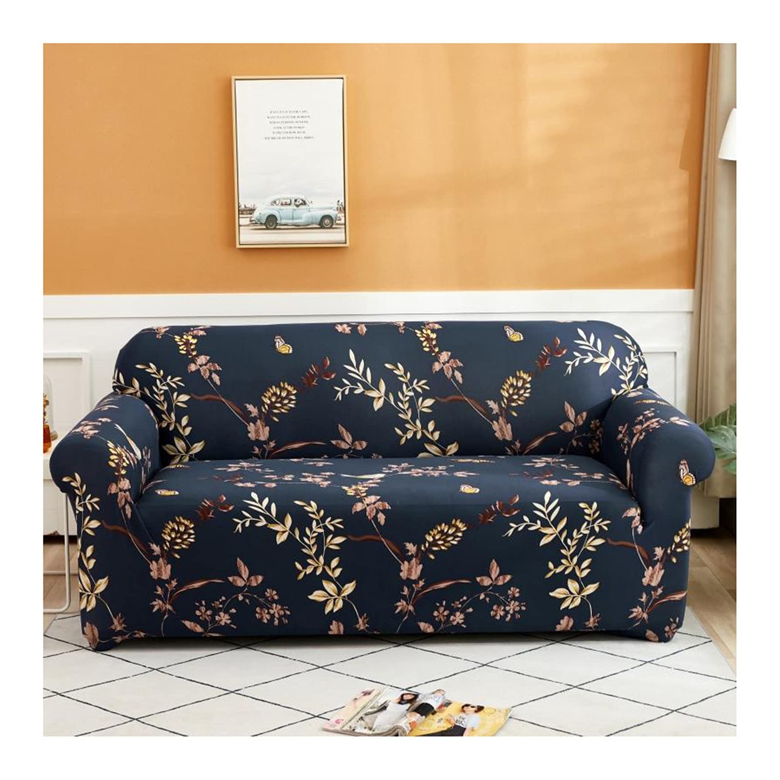Housse canapé 1 place feuille et fleur extensible pour fauteuil de dimension 90-140CM