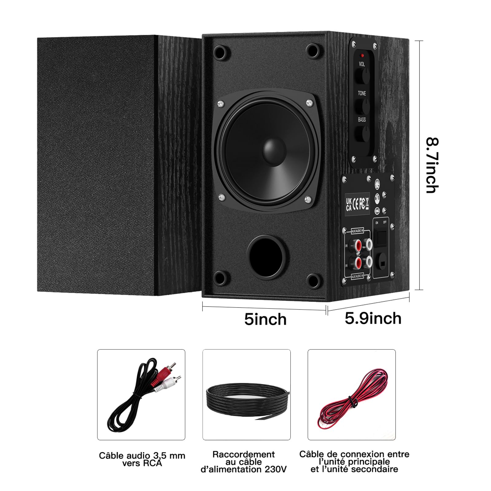 Elimavi Enceinte pour Platine Vinyle & PC - Enceinte Active Bibliothèque 2x30W, Haut-Parleur avec Prise Jack, 4" Woofer Basse, Double Entrée RCA, Structure en Bois, Noir
