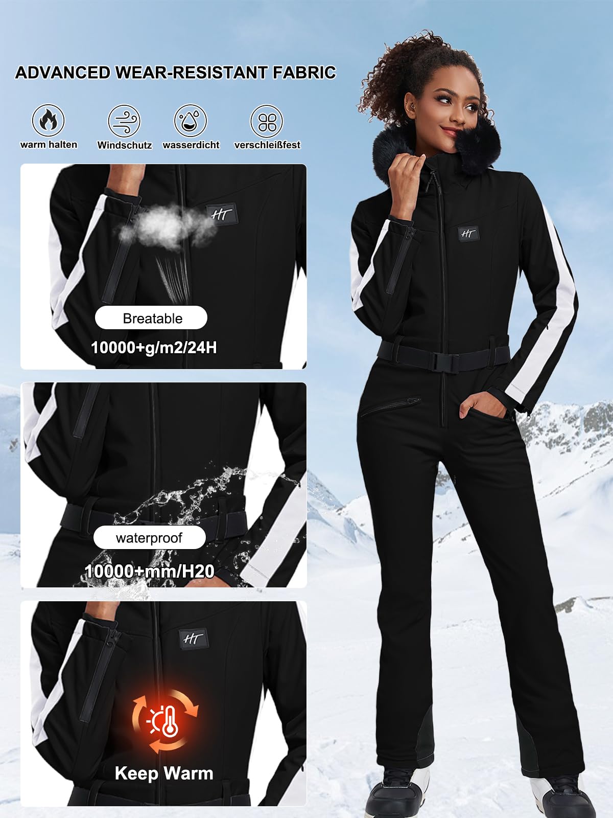 HOTIAN Damen Skianzug Einteiler Skioverall Winter Warme Damen Schneeanzug Wasserdicht Winddicht skibekleidung Schneeoverall Jumpsuit Mit Kapuze Black XS