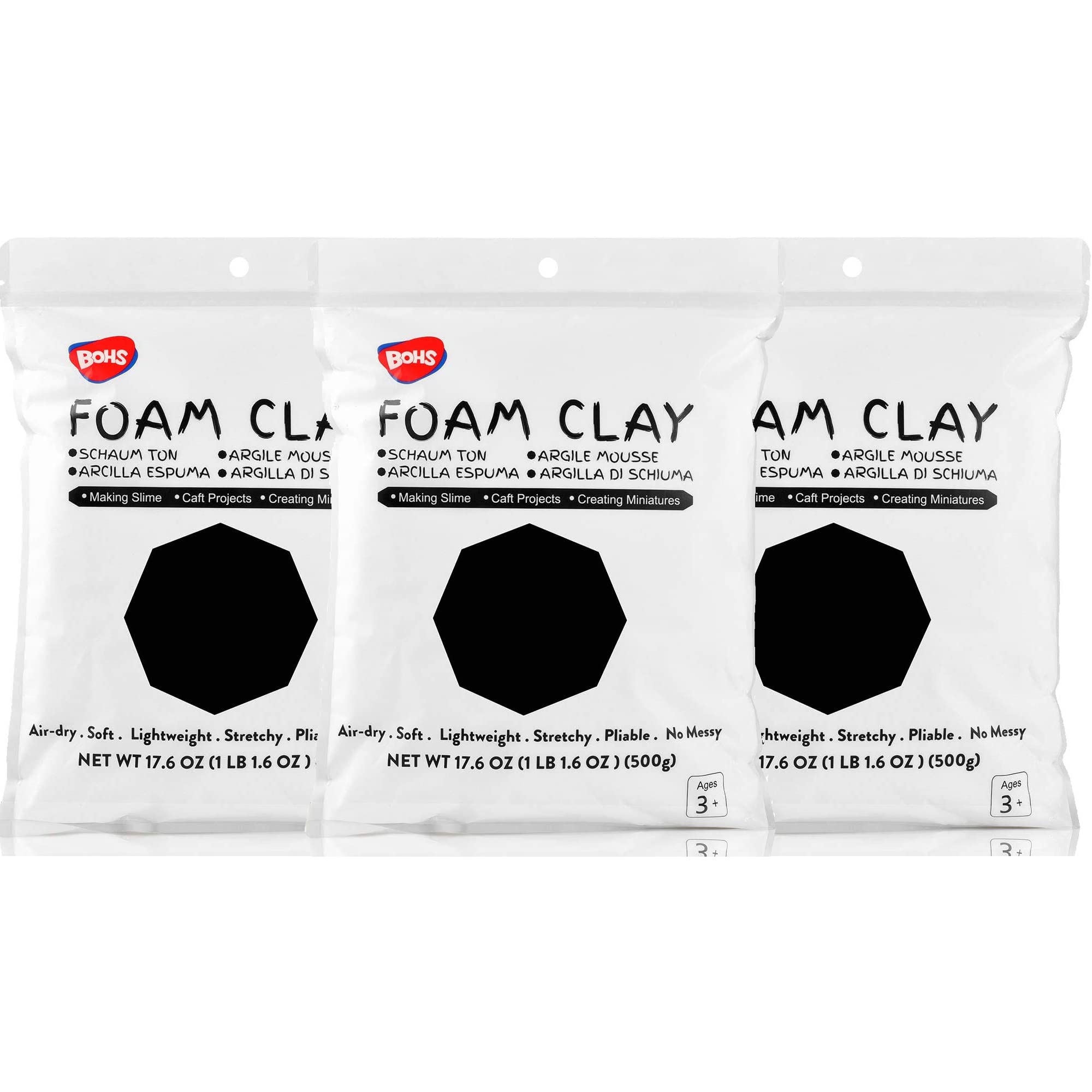 BOHS Black Foam Clay,3pcs 3.3 Lbs - Squishy,Soft, Air Dry -for School Project,Cosplay,Fake Bake, Slime Supplies