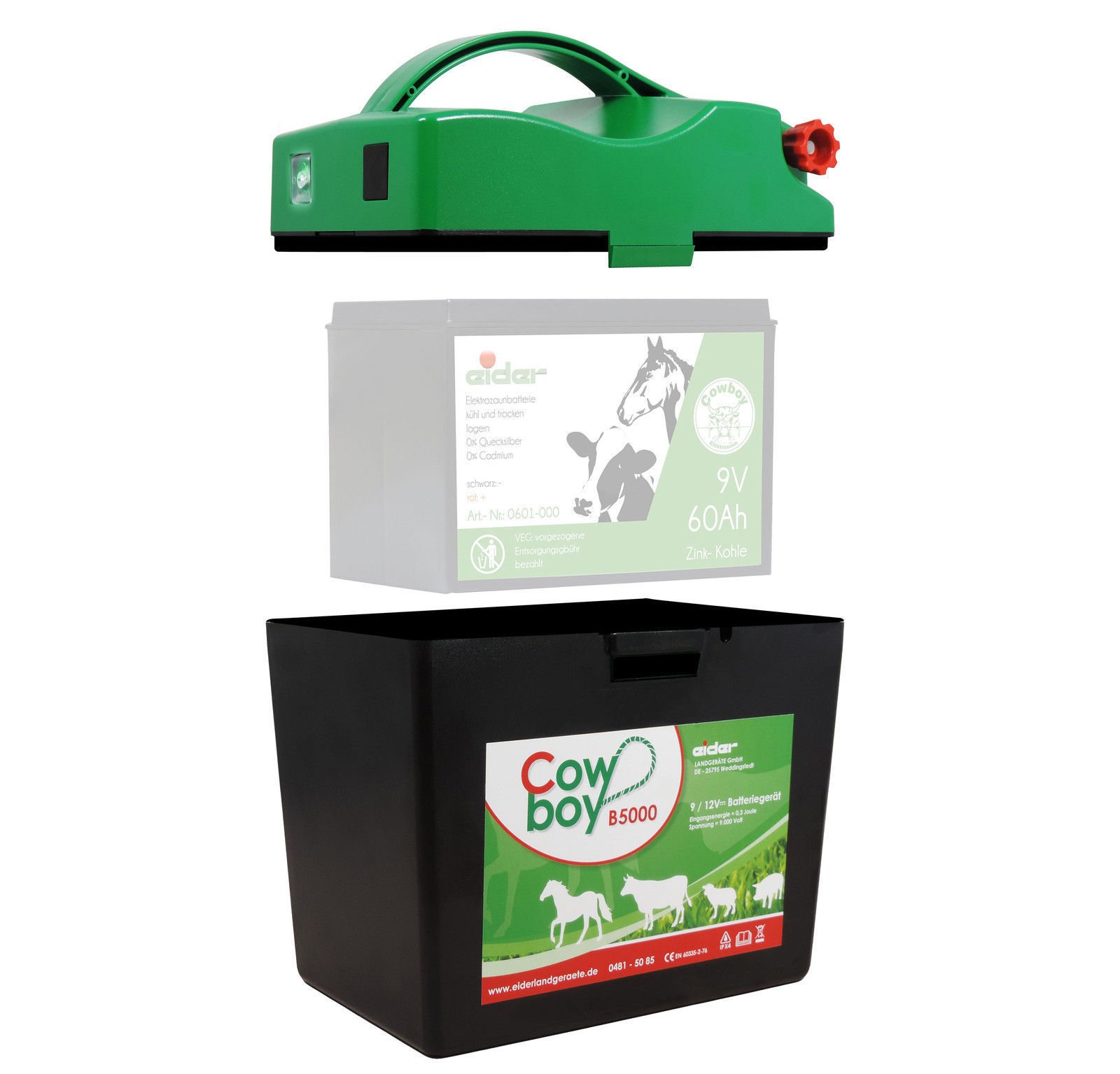 Électrificateur de clôture Koll Living - Pour batteries Extra Power Eider B5000 de 9 V et 12 V - Avec set d'accessoires - 9 000 V - De qualité - Fabriqué en Allemagne