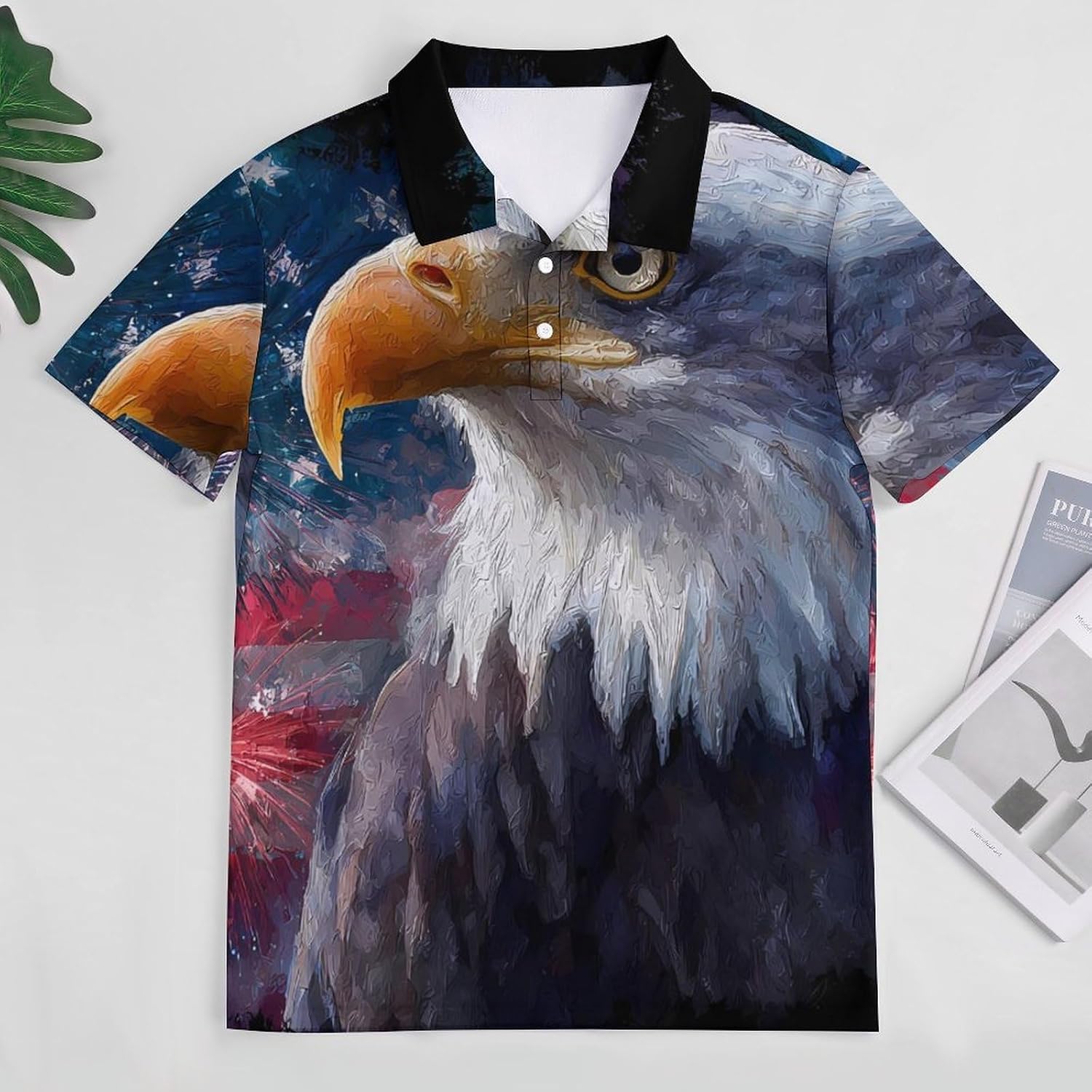 Watercolor BaldEagle U.S.A. Flag Men's Polo Golf Shirts Collared T-Shirt | short sleeve,three button,quick dry,machine washable,summer tee top