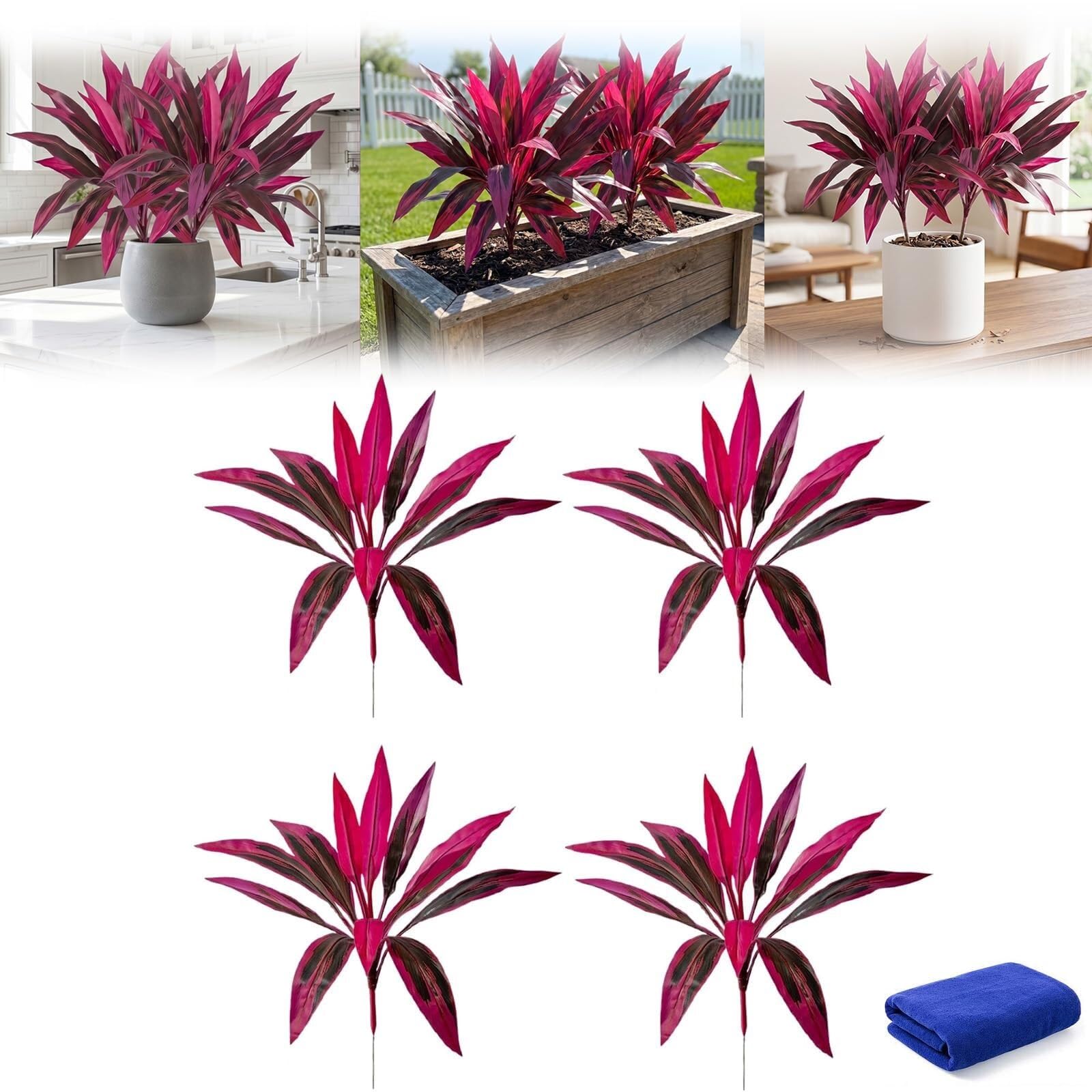 LCPKUTTR 2Pcs Large Artificial Boston Fern Dragon’s Blood Tree Plants, Resistant Boston Ferns Artificial Plants Outdoor Vibrant Pink Purple Faux Tropical Plant R0G612(Red 4 Pcs)
