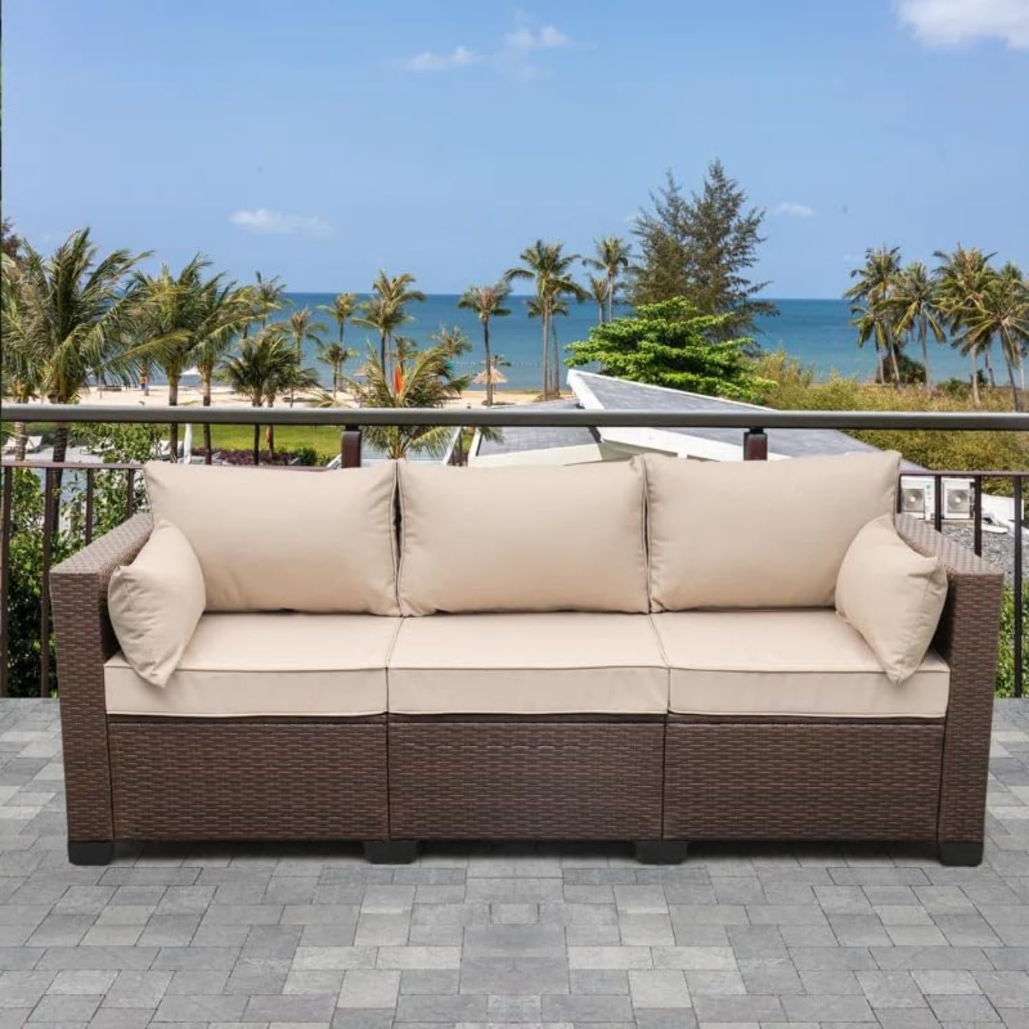 DEVOKO 3-Seater Patio Wicker Loveseat Sofa Rattan Couch Furniture Powder Coated Iron Frame with High Back Non-Slip Cushioned for Garden, Pool, Balcony, Lawn (Dark Brown & Cream)