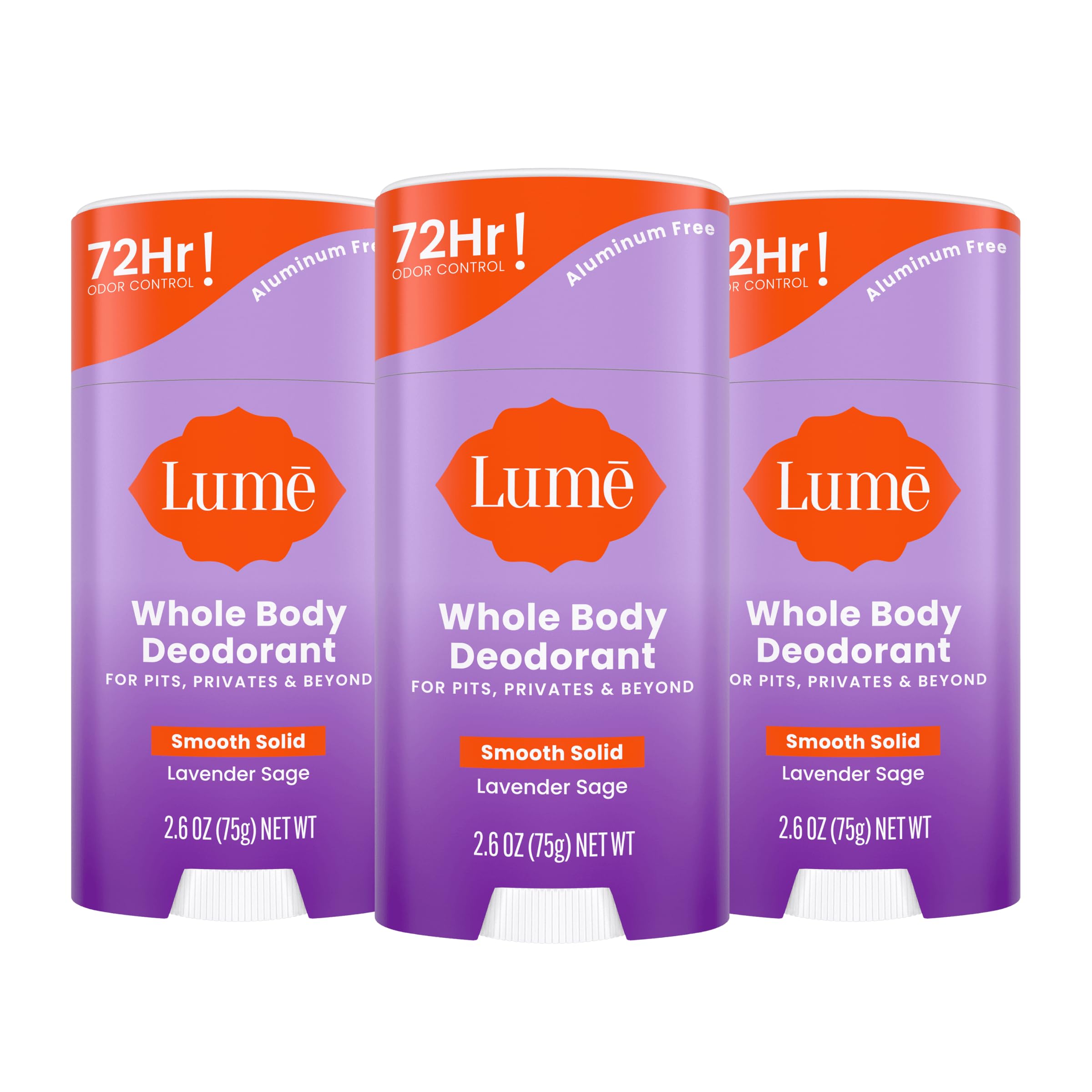 LUMEWhole Body Deodorant - Smooth Solid Stick - 72 Hour Odor Control - Aluminum Free, Baking Soda Free and Skin Loving - 2.6 Ounce (Pack of 3) (Lavender Sage)