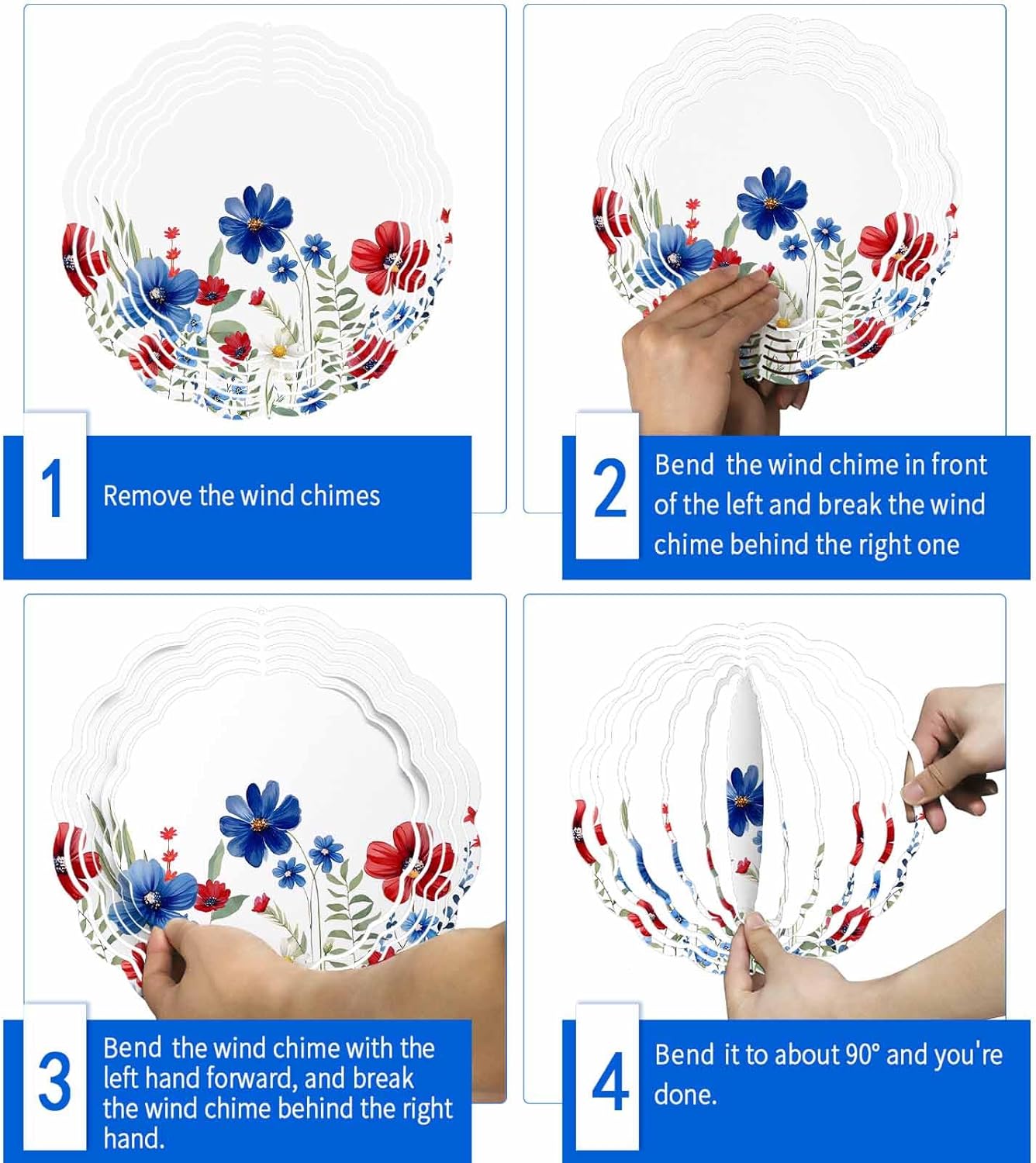 Independence Day Red Blue Flowers Wind Spinner for Garden Yard 3D Stainless Steel Hanging Wind Spinners, Patriotic Plants Spinners Outdoor Metal Decor for Lawn Patio Home