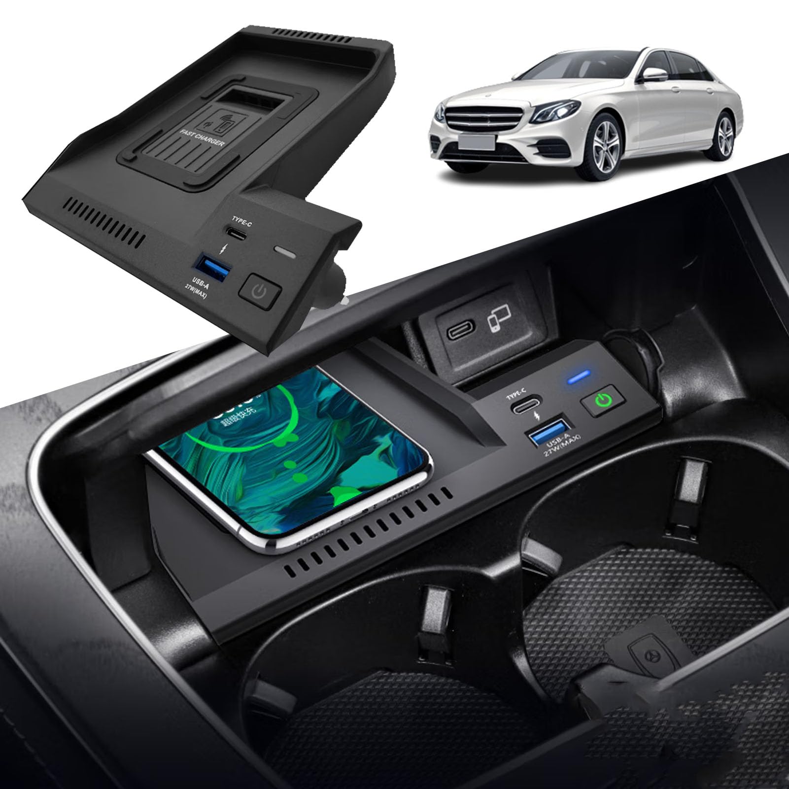 Cargador De Coche Inalámbrico para Mercedes-Benz Clase E 2016-2023 Panel De Accesorios De Consola Central,Cargador Rápido De 15 W para Cualquier Teléfono Habilitado para Qi(Color:Toma móvil)