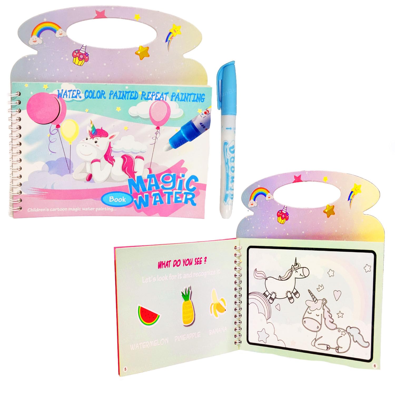 FunBlast Unicorn Magic Water Painting Book with Magic Doodle Pen for Kids - Reusable Painting Scrap Kit, Unicorn Theme Drawing Sheets for Kids, Boys and Toddlers (Multicolor)