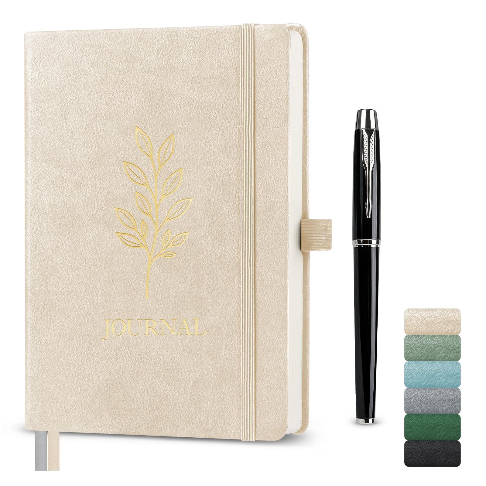 Traimber-seven A5 Lined Journal Notebook, Hardcover Vegan Leather Notebook with Gold Olive Leaf Embossing, 192 Pages 100gsm FSC Paper, Elastic Closure & Pen Holder (Cream Beige)