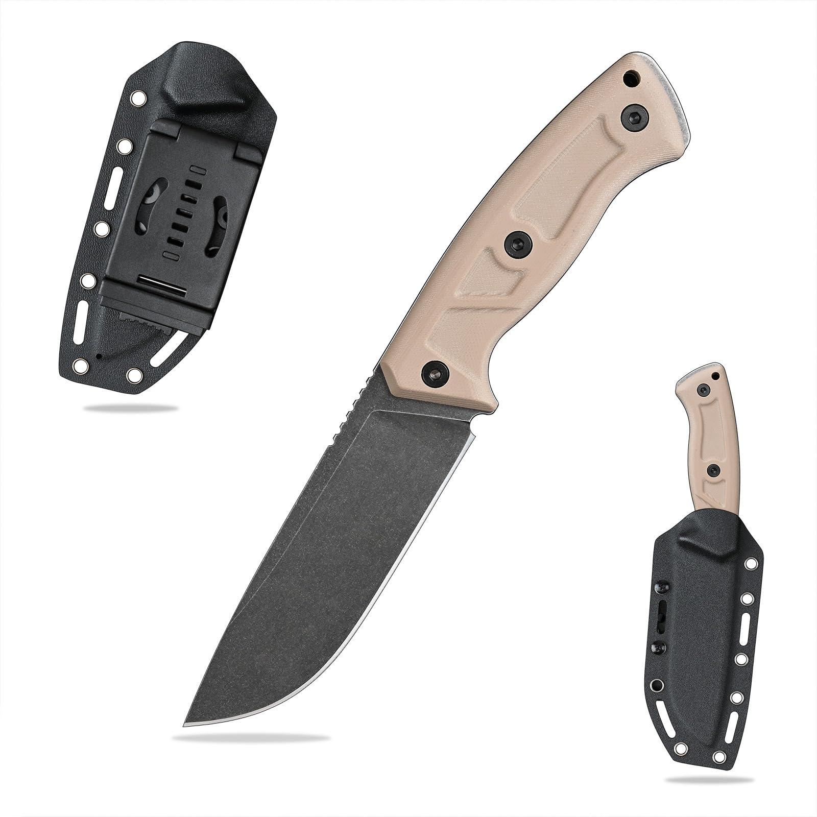 SDOKEDC Feststehende Outdoor Messer 12cm Jagdmesser aus G10 Griff 14C28N Stahl Klinge für Männer EDC Camping Survival (Schwarze Steinwäsche + Kaki-Griff)