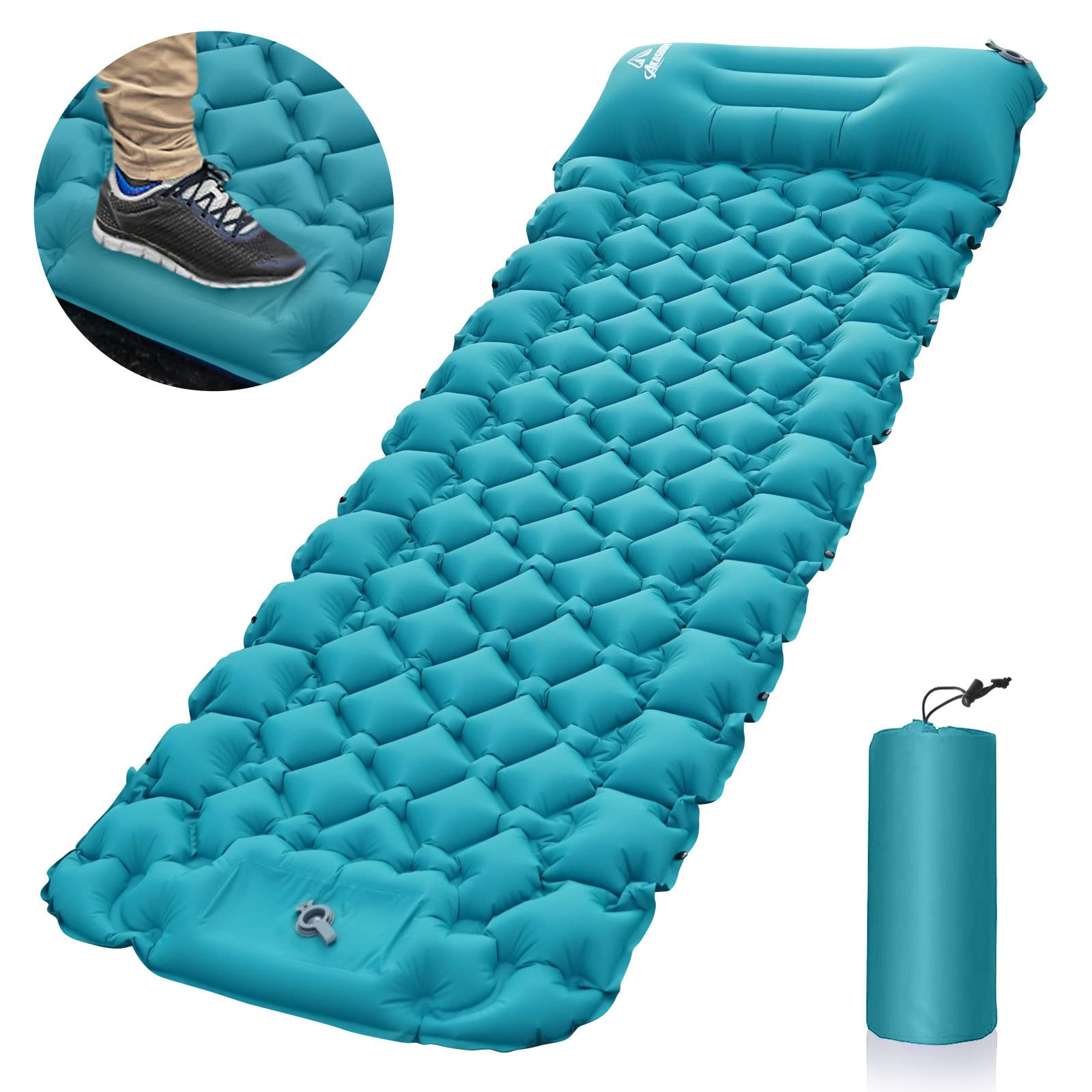 Alfombra de camping, alfombra de dormir inflable autoinflable con almohada, almohadilla de dormir ultraligera para mochileros, camping, senderismo (azul)