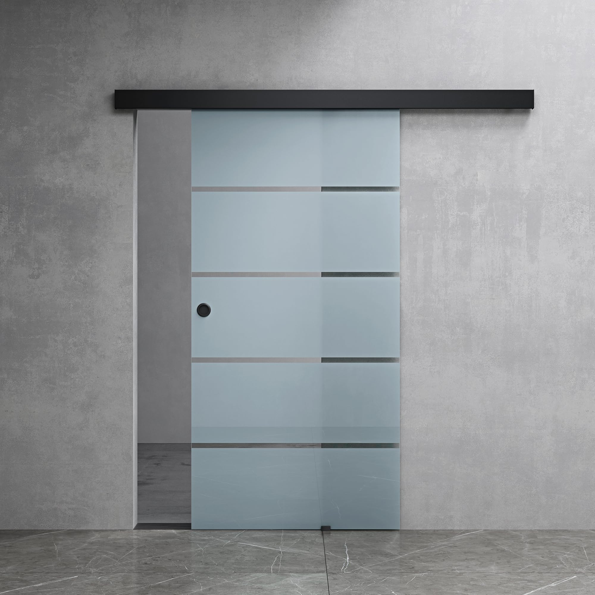 Mai & Mai Porta Scorrevole in Vetro 102.5x215cm, Porta Scorrevole in Vetro Satinato 8mm in 5 Strisce con Binario e Maniglia Rotonda per Bagno Cucina Studio Ufficio, Nero, Amalfi-plus 11H