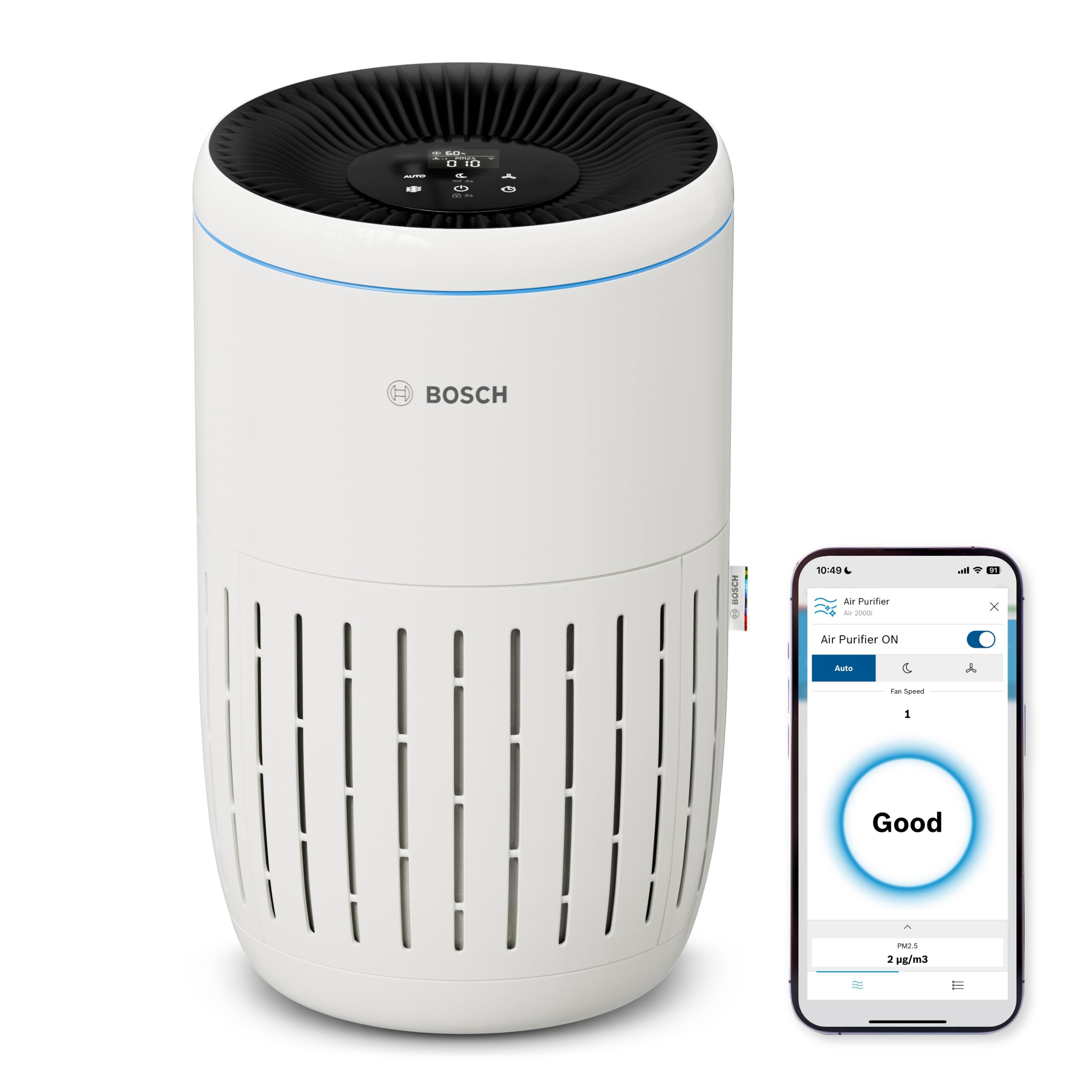 Bosch Purificador de Aire Inteligente Air 2000i - Cubre 37,​5 m², Filtra Eficazmente más del 99% de los Contaminantes, Filtro de Aire, Modo Auto/​Resposo (< 25 dB(A)) - CADR: 180 m³/​h - Funciona con App