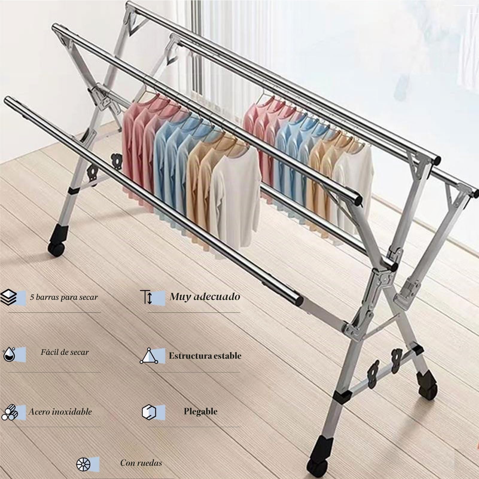 Tendales De Ropa Plegable Vertical, Tendedero De Ropa Exterior para Balcon, Clothes Drying Rack con Ruedas para Interior Y Exterior, Tendedero Ropa Acero Inoxidable (240cm/95in)