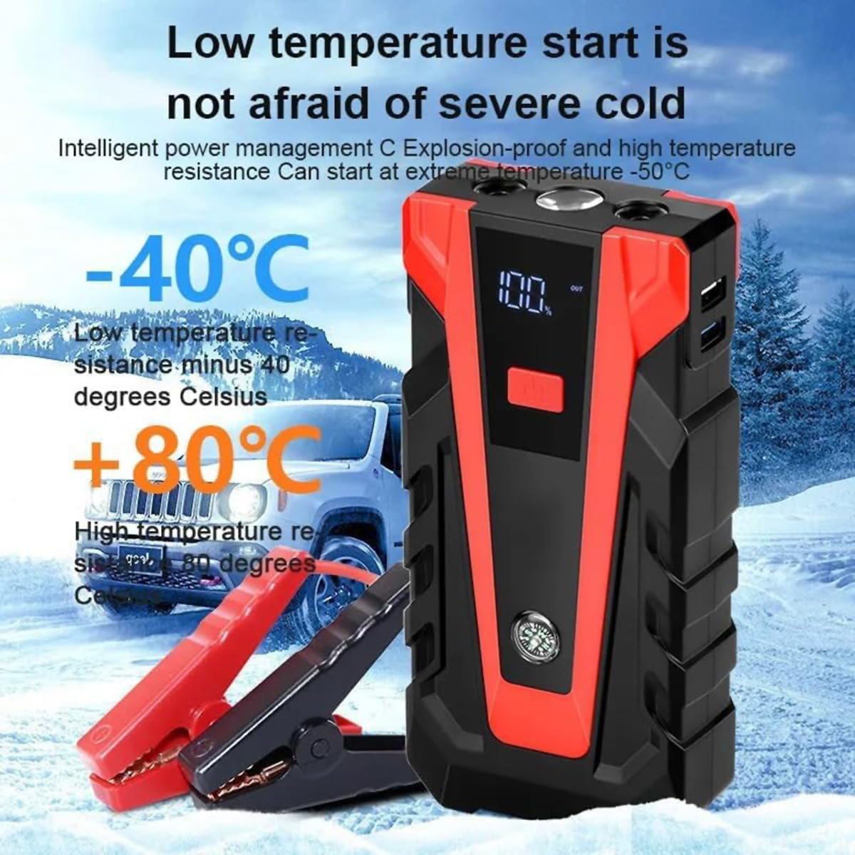 Klack Arrancador de Batería Portátil 12V 14000 mAh con Power Bank | Linterna LED 3 Modos, USB Tipo C Carga Rápida, Brújula Integrada, Pinzas Inteligentes, Estuche Incluido