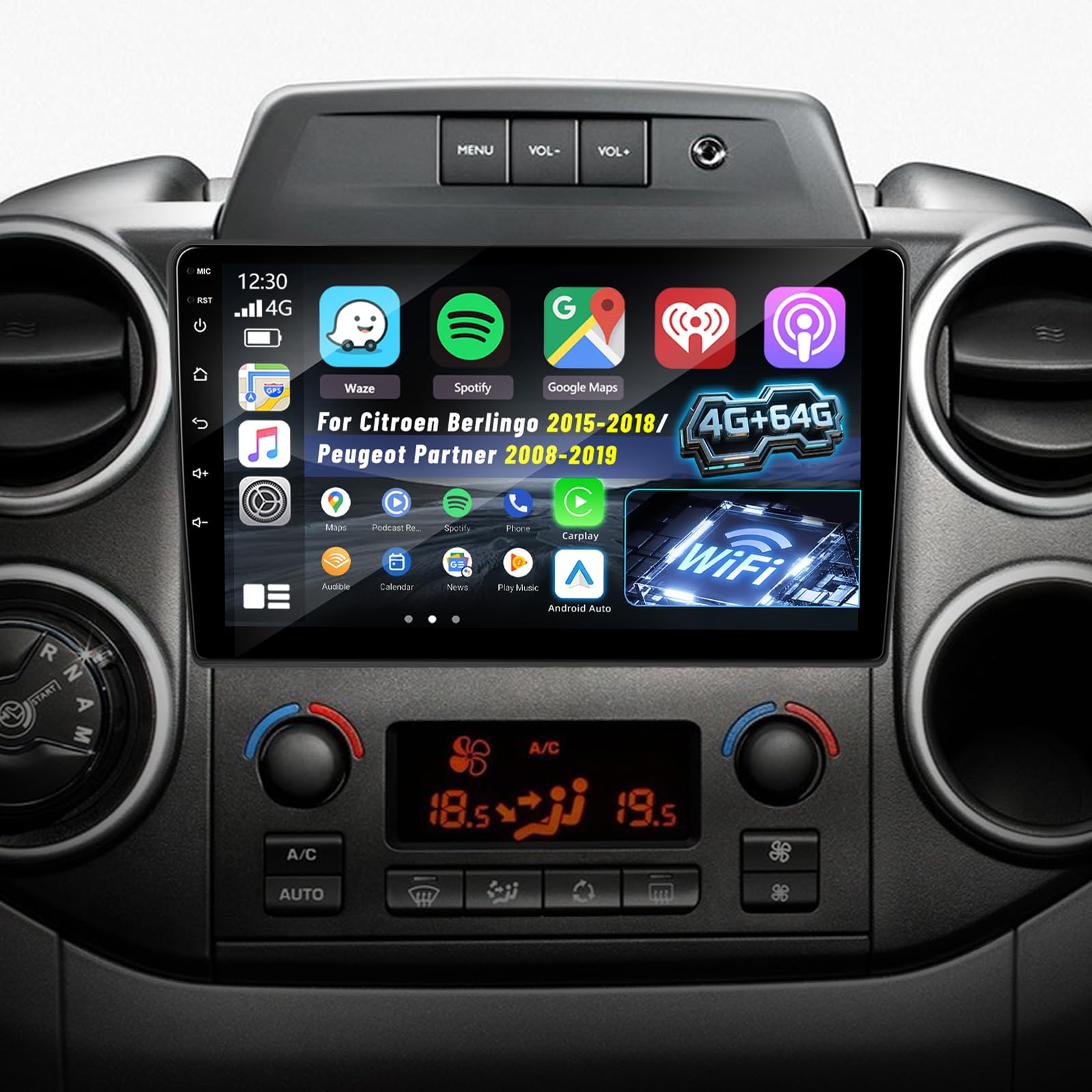 4G+64G Android Autoradio pour Citroen Berlingo 2015-2018/Peugeot Partner 2008-2019 avec Carplay & Android Auto sans Fil, Écran Tactile IPS 9 Pouces avec GPS, WiFi, 32EQ, Bluetooth 5.0, Radio FM/RDS