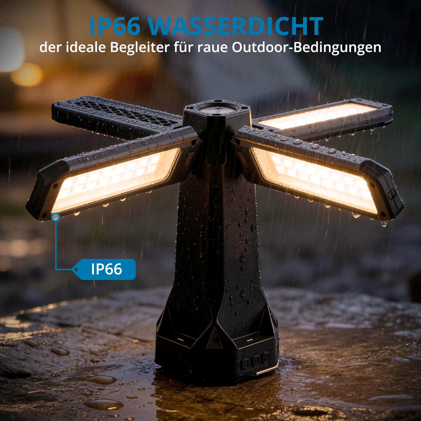 AUTOUTLET LED Campinglampe 16000mAh, 1,77M Baustrahler mit Stativ, 4000LM 4 Verstellbare Panels Campinglampe, 5 Lichtmodi, Dimmbar,Magnet & Haken,IP66 Wasserdicht Arbeitsleuchte für Werkstatt Outdoor
