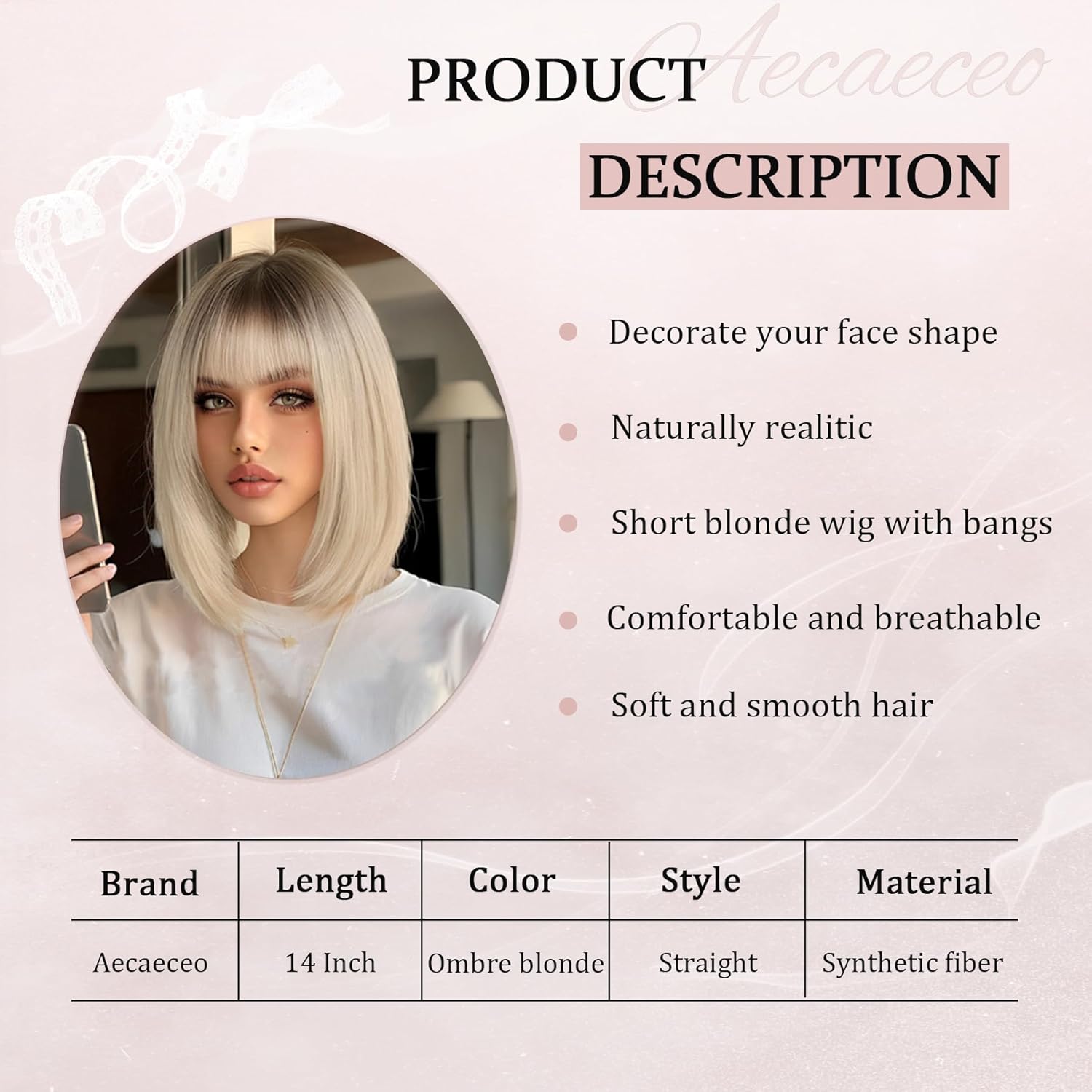 Blonde Bob Wig with Bangs Ombre Blonde Wigs for Women Short Straight Wig Synthetic 14 Inches Layered Wig Blonde Highlight Hair Replacement Wigs for Cosplay Daily Party Use - Image 3