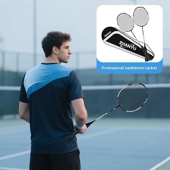 Badminton Racket,Badminton Racket Set,82 Gram Lightweight Carbon Fiber One-Piece Molded Durable Grade Racket,Including 2 Rackets,2 Nylon Shuttlecocks,And 1 Ball Bag
