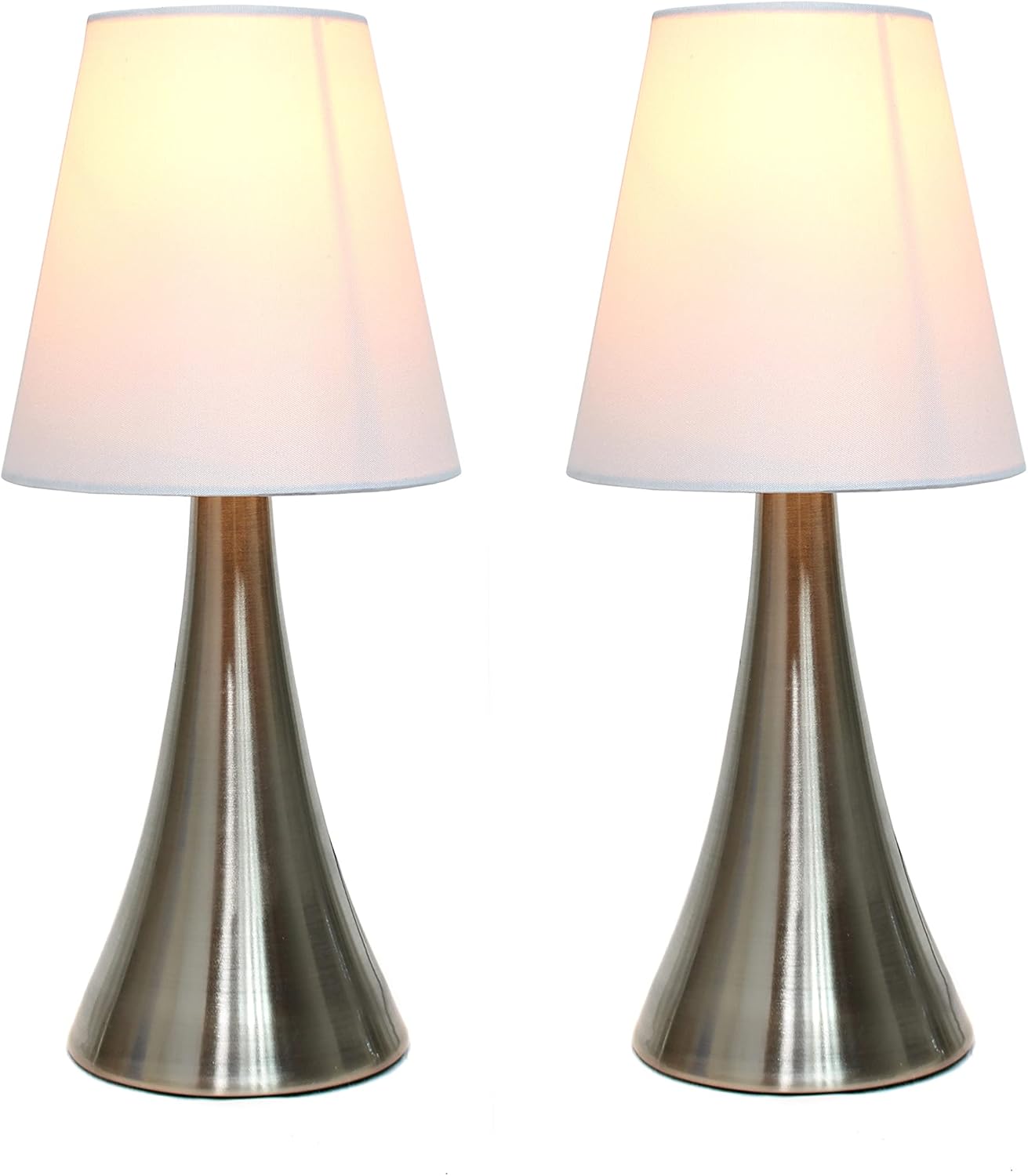 Simple Designs LT2014-WHT-2PK Valencia Brushed Nickel Mini Touch Table Lamps with Fabric Shades, White (Pack of 2)