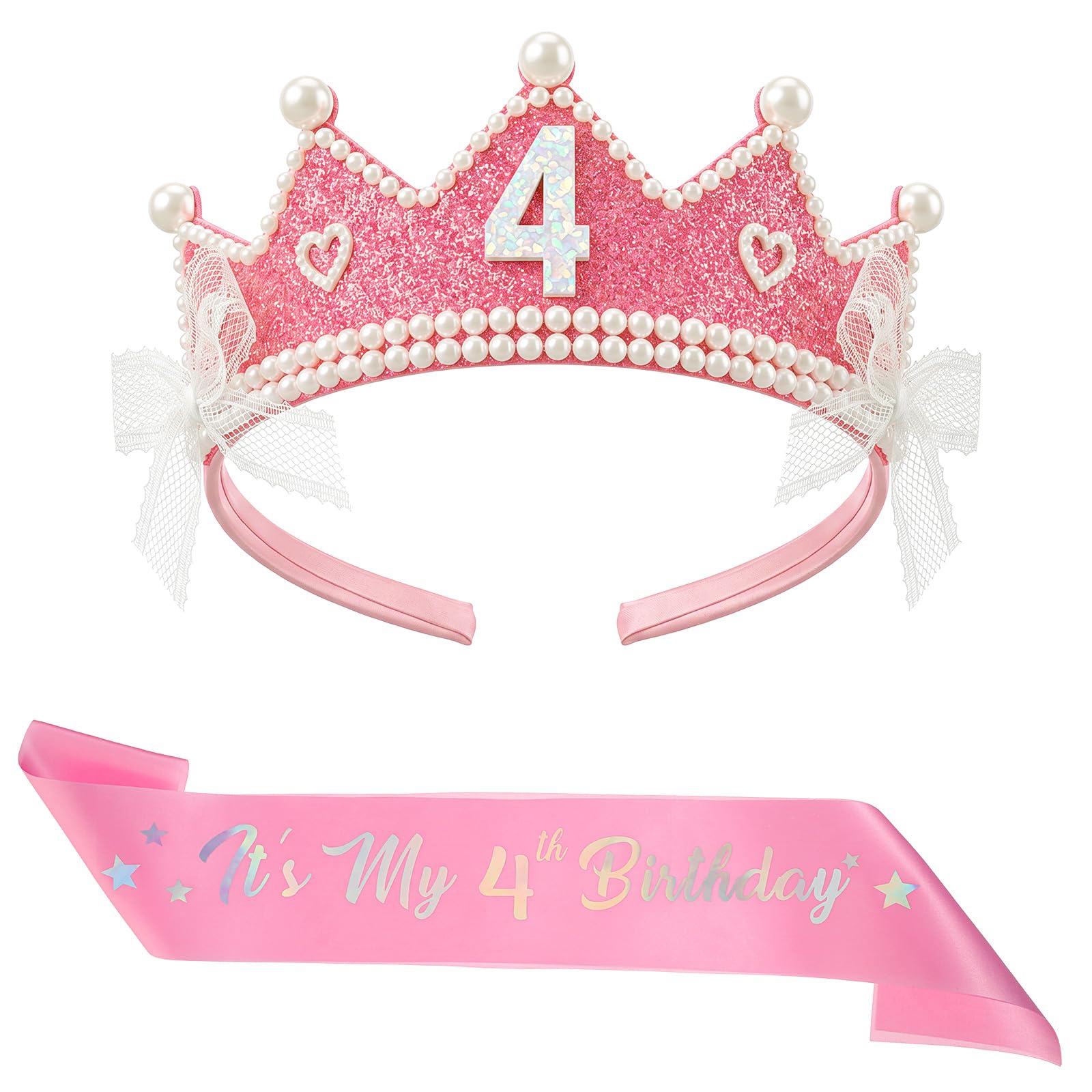 2Pcs Birthday Sash Crown, 4th Birthday Decorations Pink