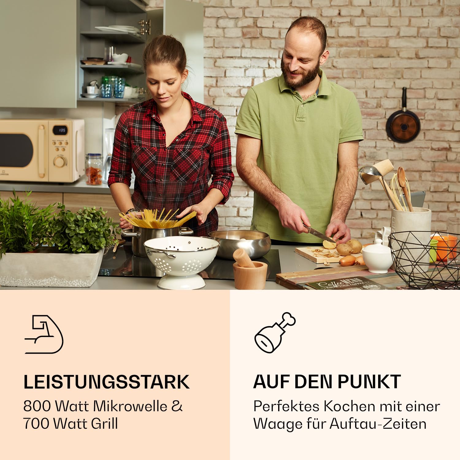 Klarstein Mikrowelle mit Grill, 800 Watt Mikrowelle Klein, 3-in-1Edelstahl-Mikrowelle Creme, Kleine 20 Liter Mikrowelle mit Auftau- und Pizzafunktion, Drehteller, Platzsparend, Einfach zu Bedienen