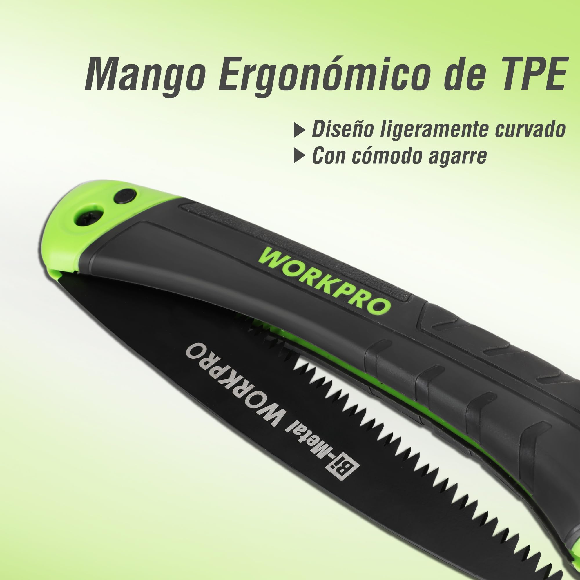 WORKPRO Sierra de Podar, Sierra Plegable, Serrucho de Poda con Bloqueo Seguro, Hoja de Sierra Bi-material D6A y M2, Sierra Plegable de Agarre Suave para Madera, Jardinería