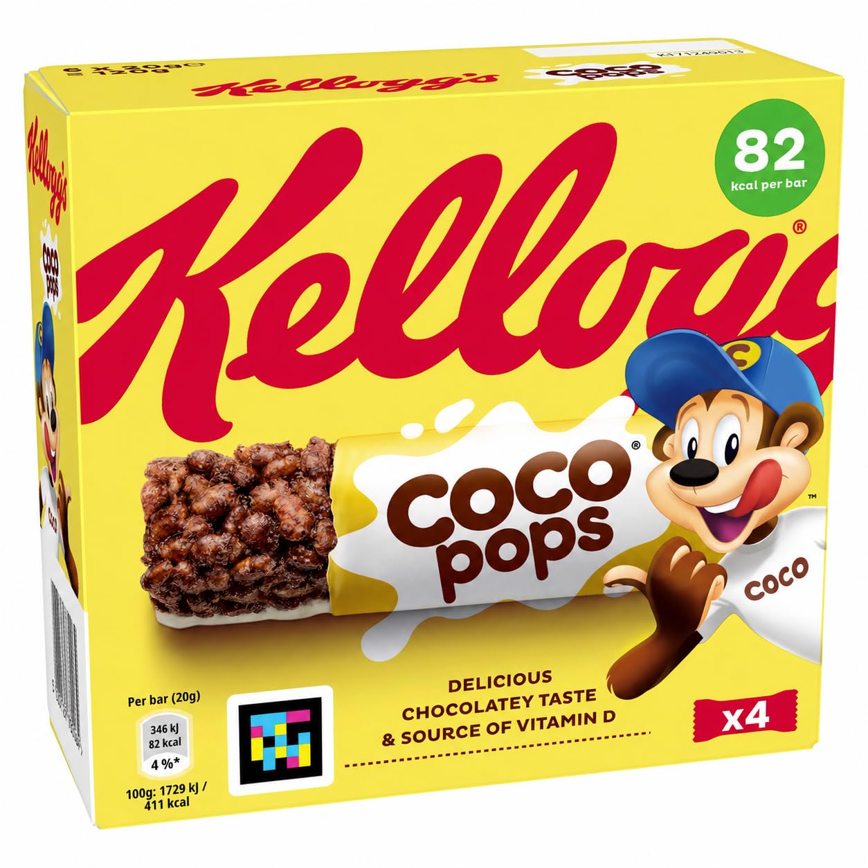 Kelloggs Coco Pops Chocolate Breakfast Cereal Bars By Biteza Individually wrapped Bars 4 x 20g (Imported)