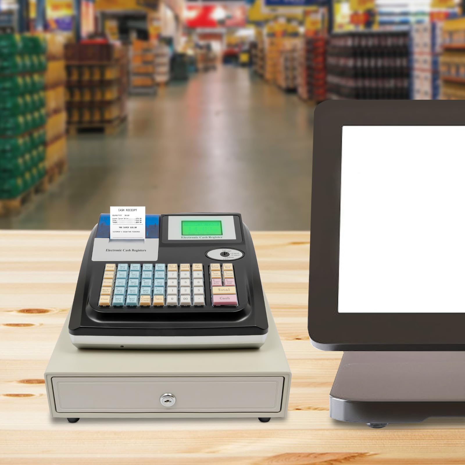 Elektronische Kasse Registrierkasse mit Bondrucker & Kassenschublade, Doppelanzeige Kassensystem Unterstützt Mehrere Zahlungsarten Einzelhandel Kasse für Supermarkt Kiosk
