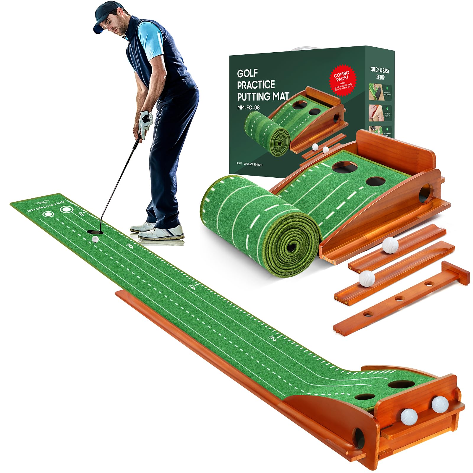 Indoor Putting Green With Ball Return - 2 Hole Training Mat, Solid Wood Base, 2 Balls - Practice Aid for Home, Office, Backyard